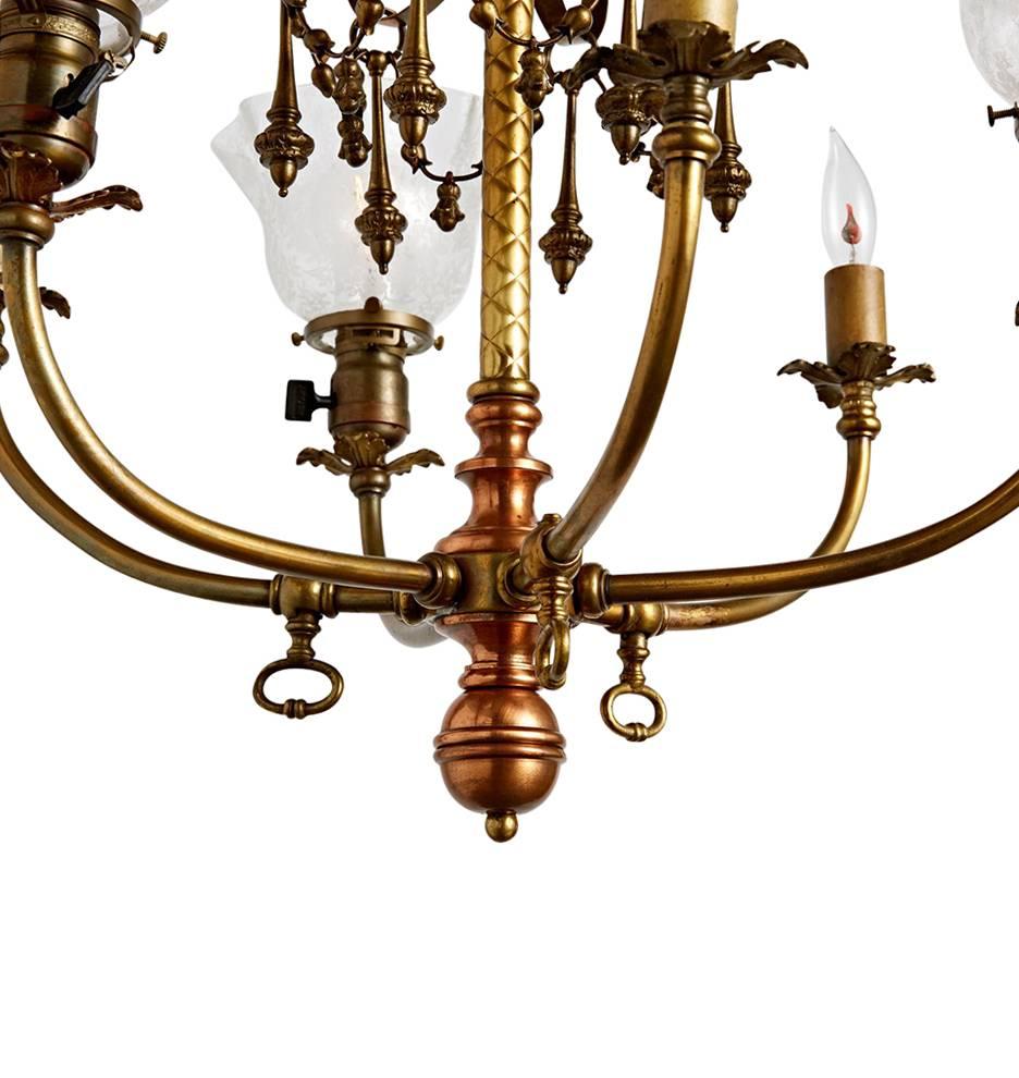 Remarkable Six-Light Gas Electric Chandelier W/ Dangling Ornaments, circa 1905 In Good Condition For Sale In Portland, OR