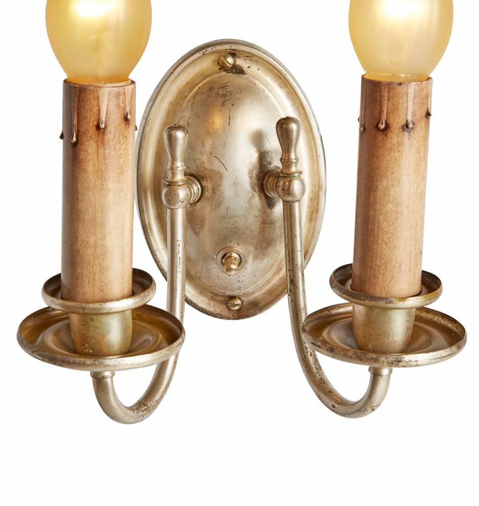 Pair of Colonial Revival Candle Sconce w/ Silver Plated Finish, circa 1920s In Good Condition For Sale In Portland, OR