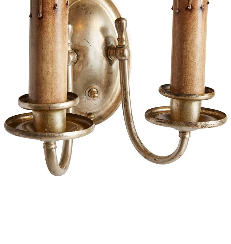 Early 20th Century Pair of Colonial Revival Candle Sconce w/ Silver Plated Finish, circa 1920s For Sale