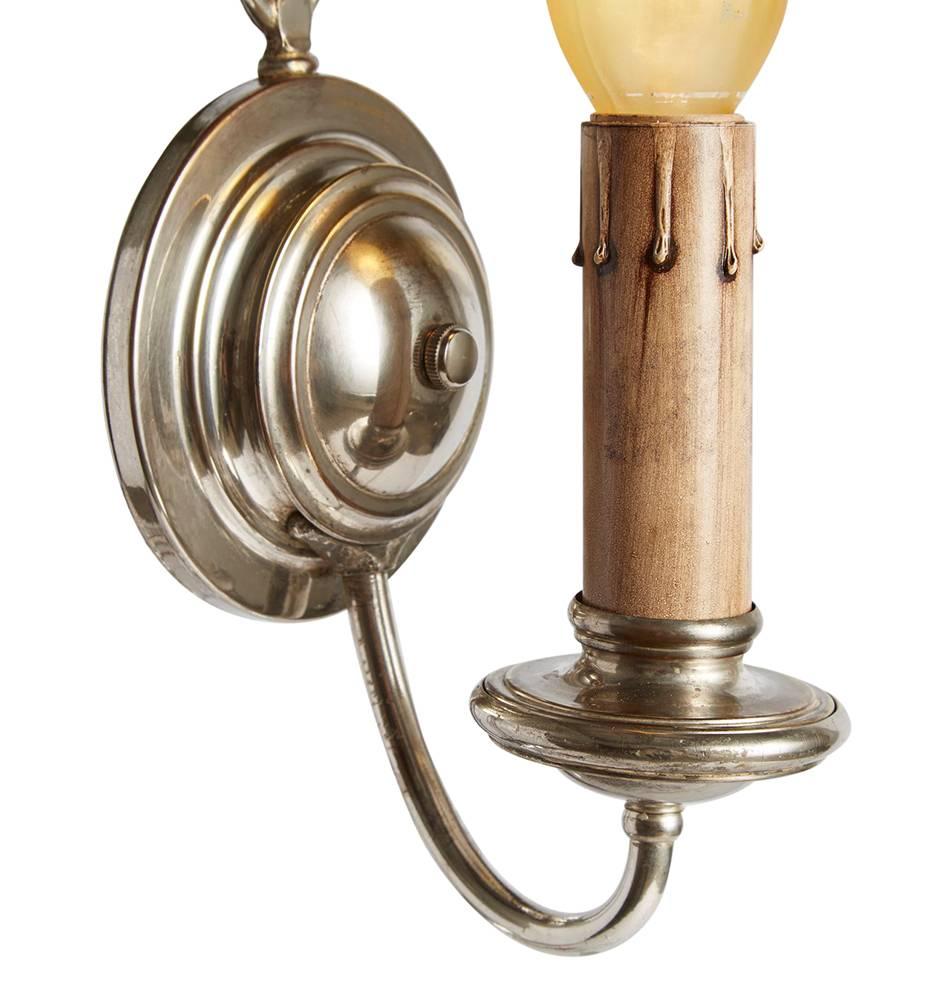 Colonial Revival Set of Three Nickel-Plated Candle Sconces, circa 1920s