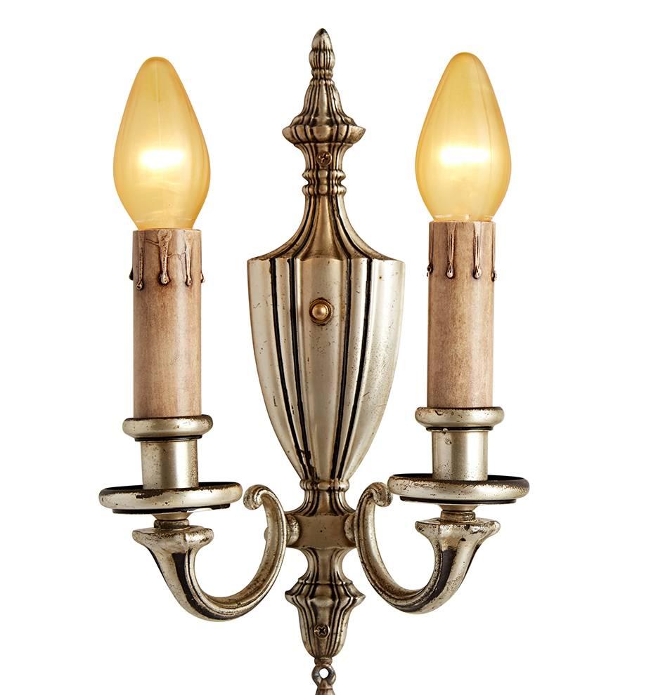 Revival Pair of Silver Plated Candle Sconces w/ Sheffield-Style Backplates, circa 1920s For Sale