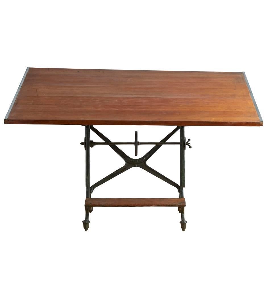 Industrial Large Keuffel & Esser Drafting Table with Cast Iron Base, circa 1900