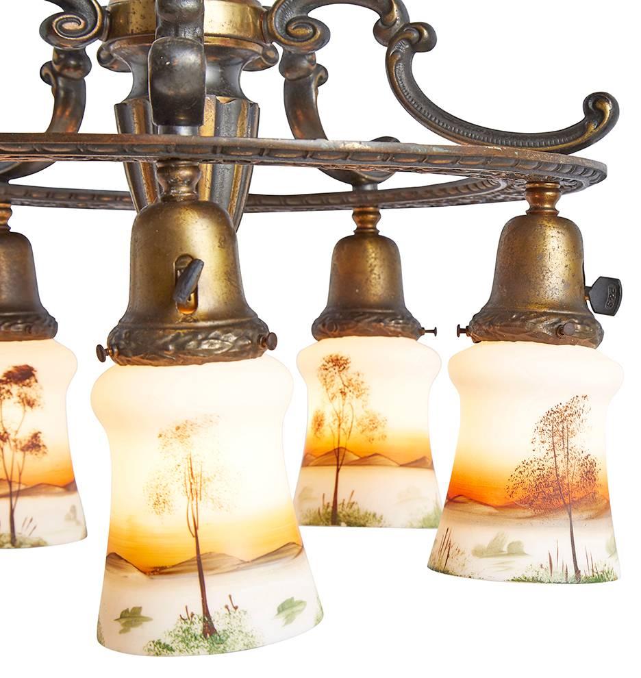 Revival-Style Five-Light Chandelier with Painted Shades, circa 1920s In Good Condition In Portland, OR