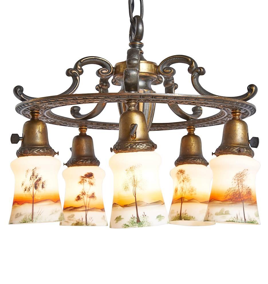 Early 20th Century Revival-Style Five-Light Chandelier with Painted Shades, circa 1920s