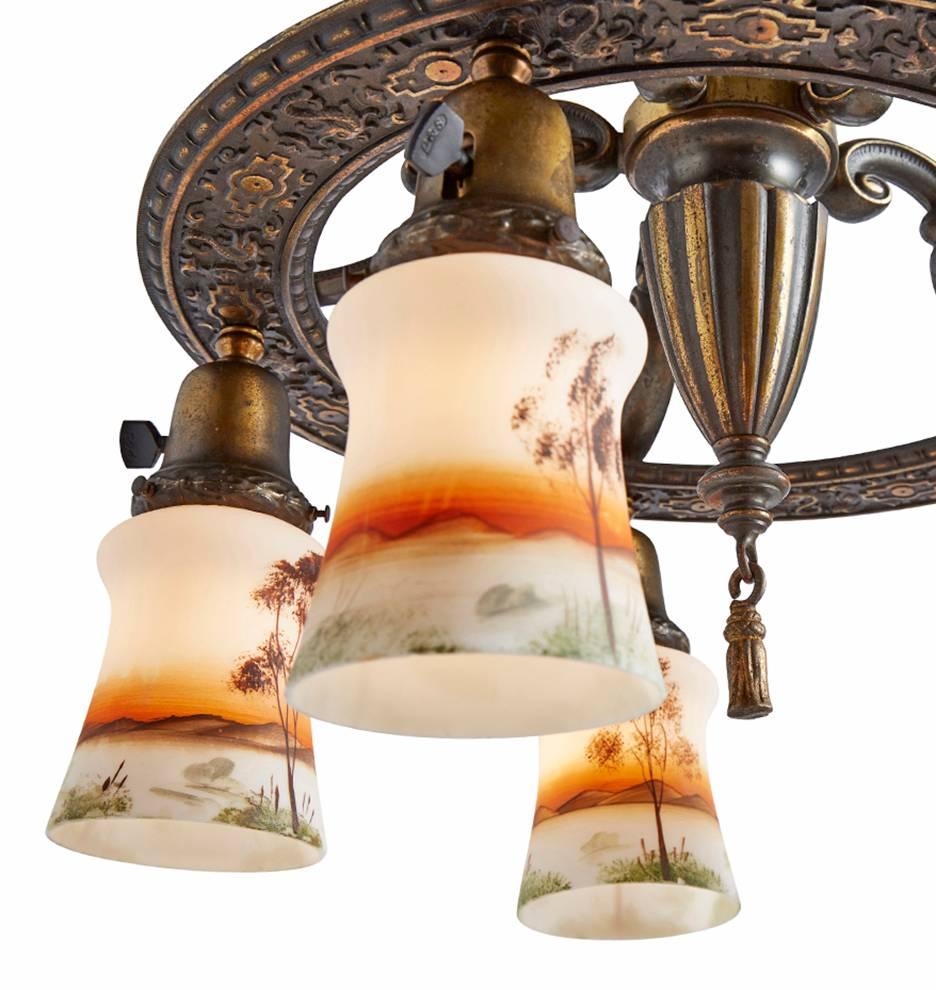 Revival-Style Five-Light Chandelier with Painted Shades, circa 1920s 1
