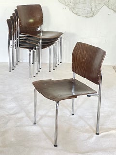 Lot de 4 chaises empilables vintage Kusch + Co en contreplaqué et chrome, Allemagne, années 1970