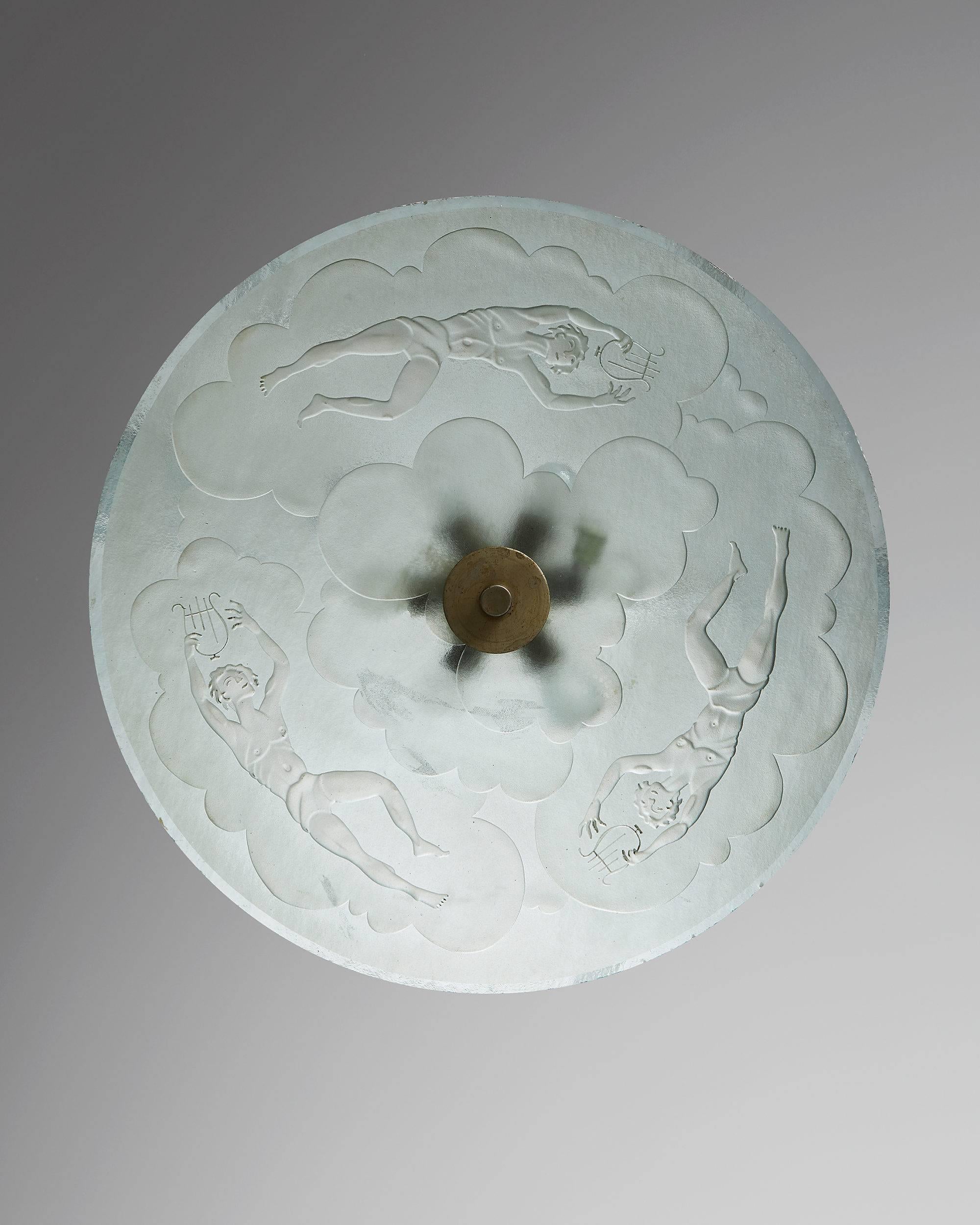 Ceiling lamp, anonymous, Sweden, 1930s. Etched glass and brass.

Measures: D 78 cm/ 30 3/4