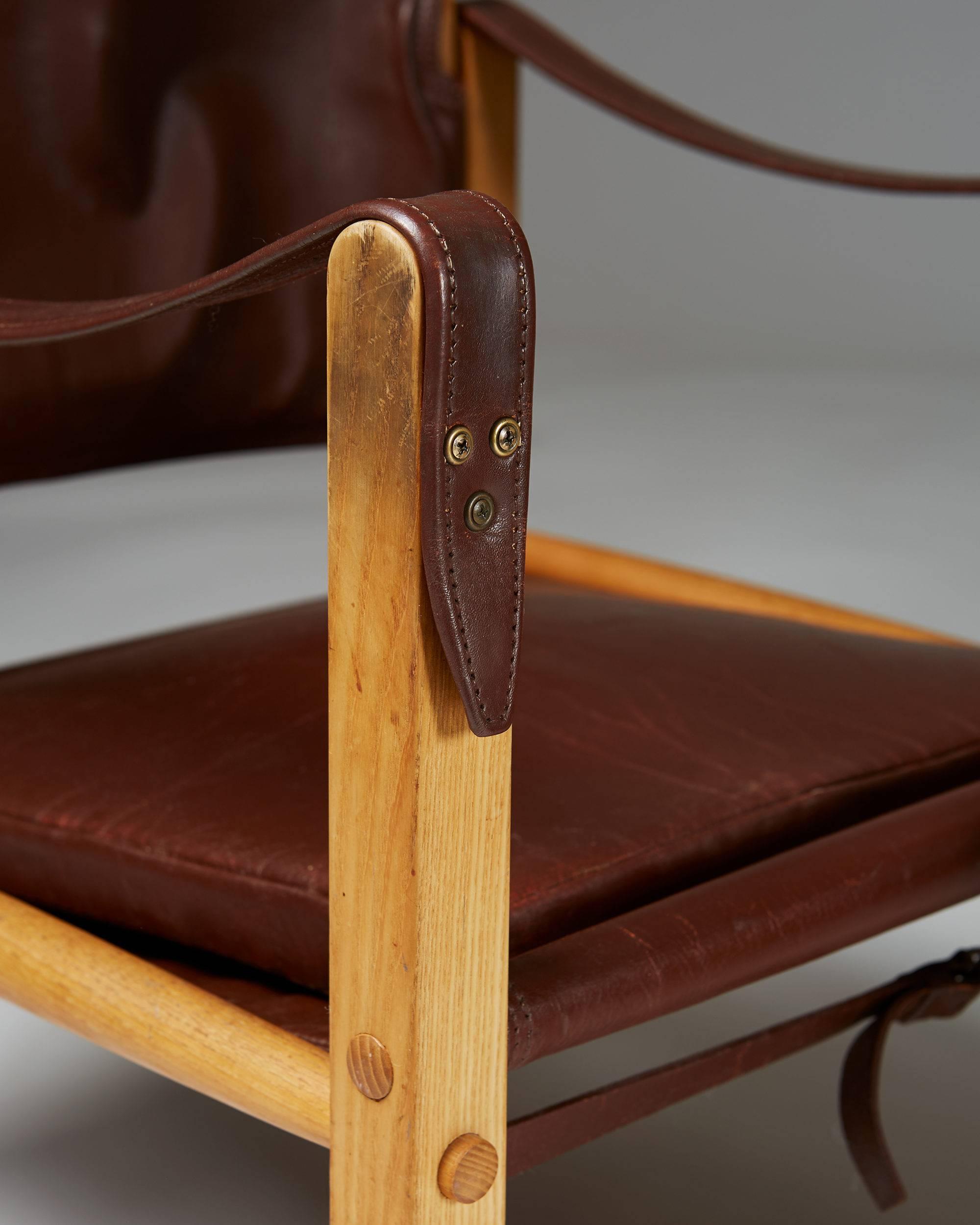 Leather Pair of Safari Armchairs Designed by Kaare Klint, Denmark, 1950s