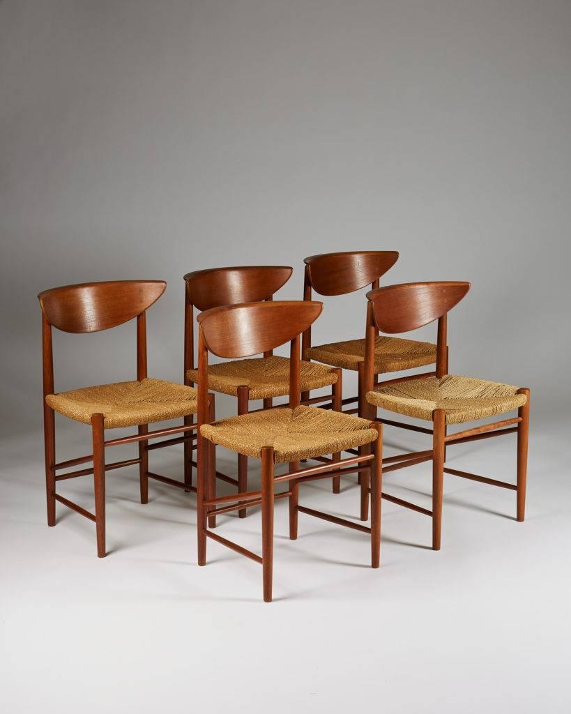 Set of six dining chairs designed by Peter Hvidt and Orla Möllgaard Nielsen for Söborg,
Denmark, 1950s.

Teak and sea grass.