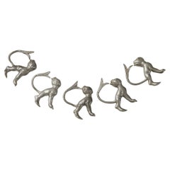 Set of 5 Vintage Pewter Monkey Napkin Rings – Sculptural Animal Design