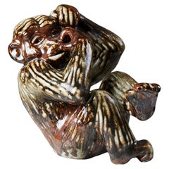 Monkey Sculpture by Gunnar Nylund for Rörstrand, Sweden, 1950s, Glazed Stoneware