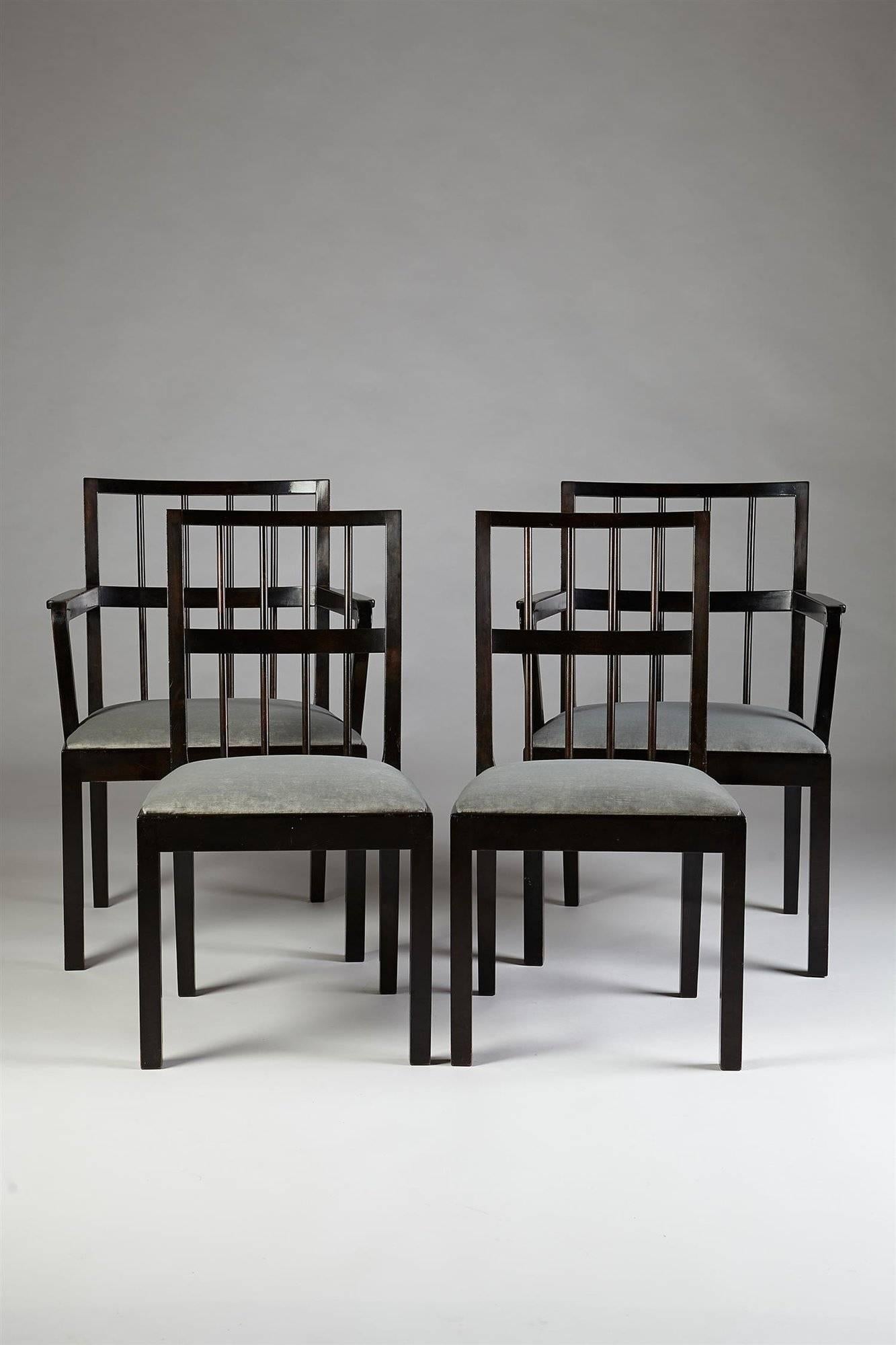 Set of four chairs, designed by Axel Einar Hjorth for NK, Sweden, 1930s.

Stained birch and velvet.

Further measurements below.