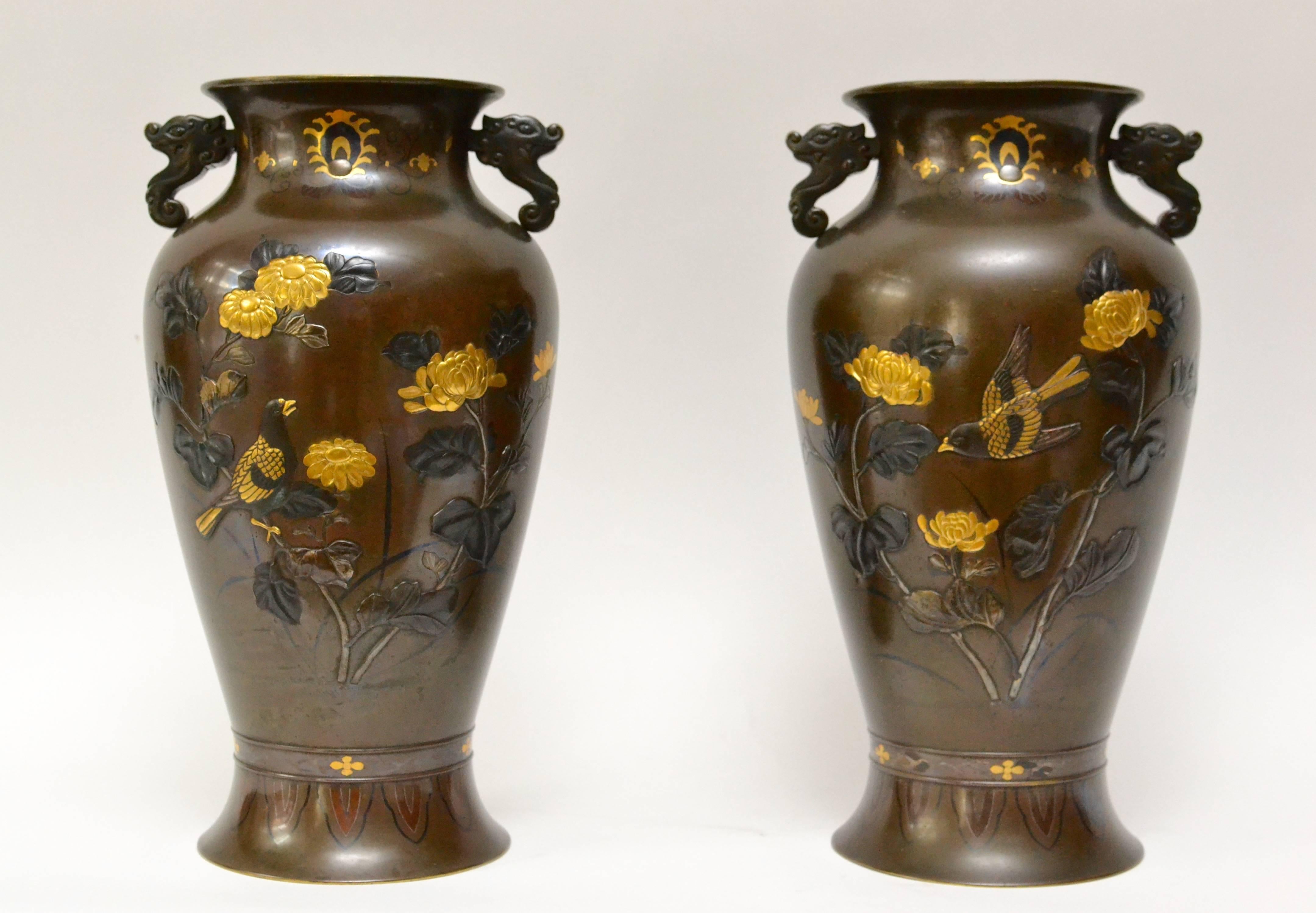 Pair of Japanese Meiji Mixed Metal Relief Vases