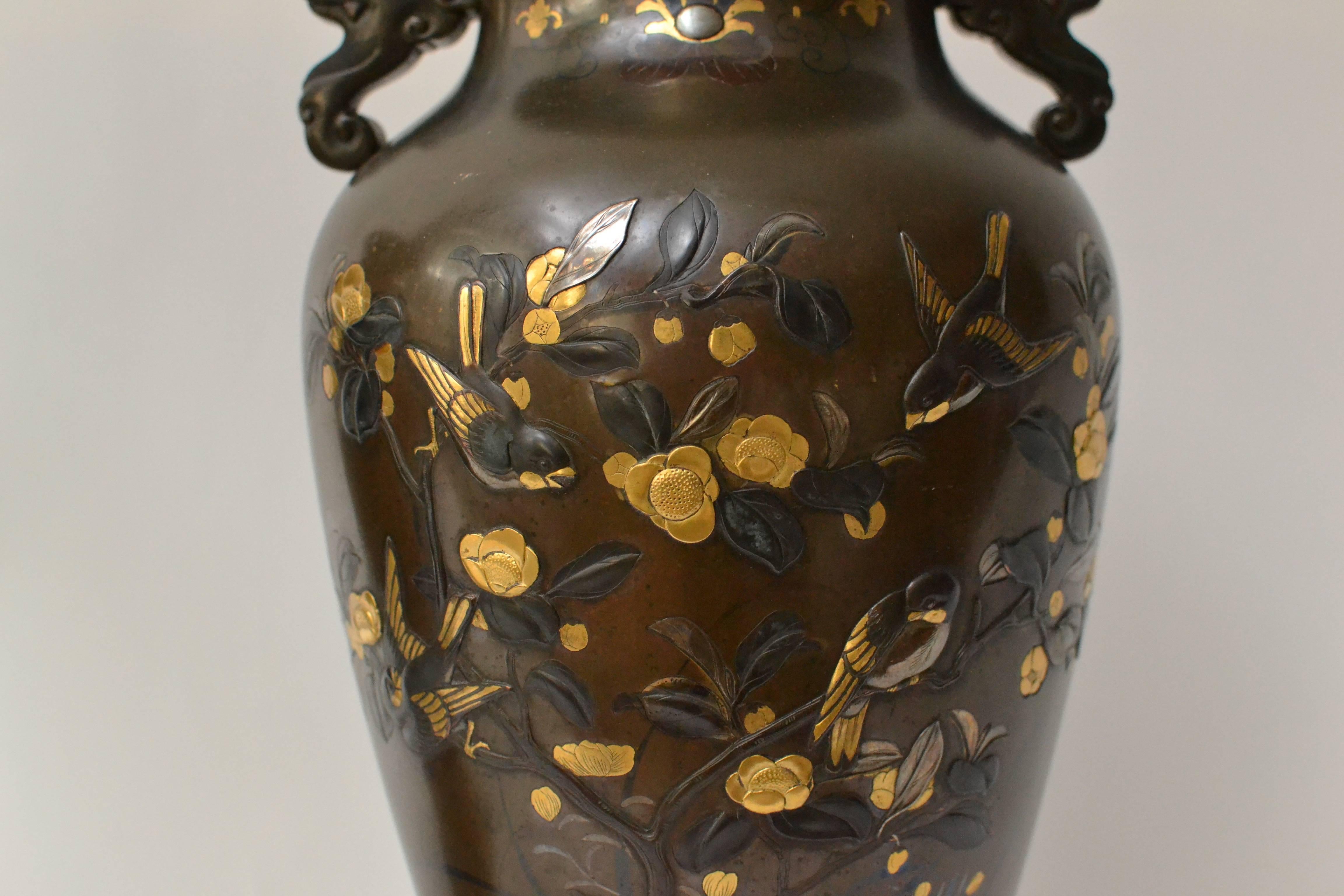 19th Century Pair of Japanese Meiji Mixed Metal Relief Vases