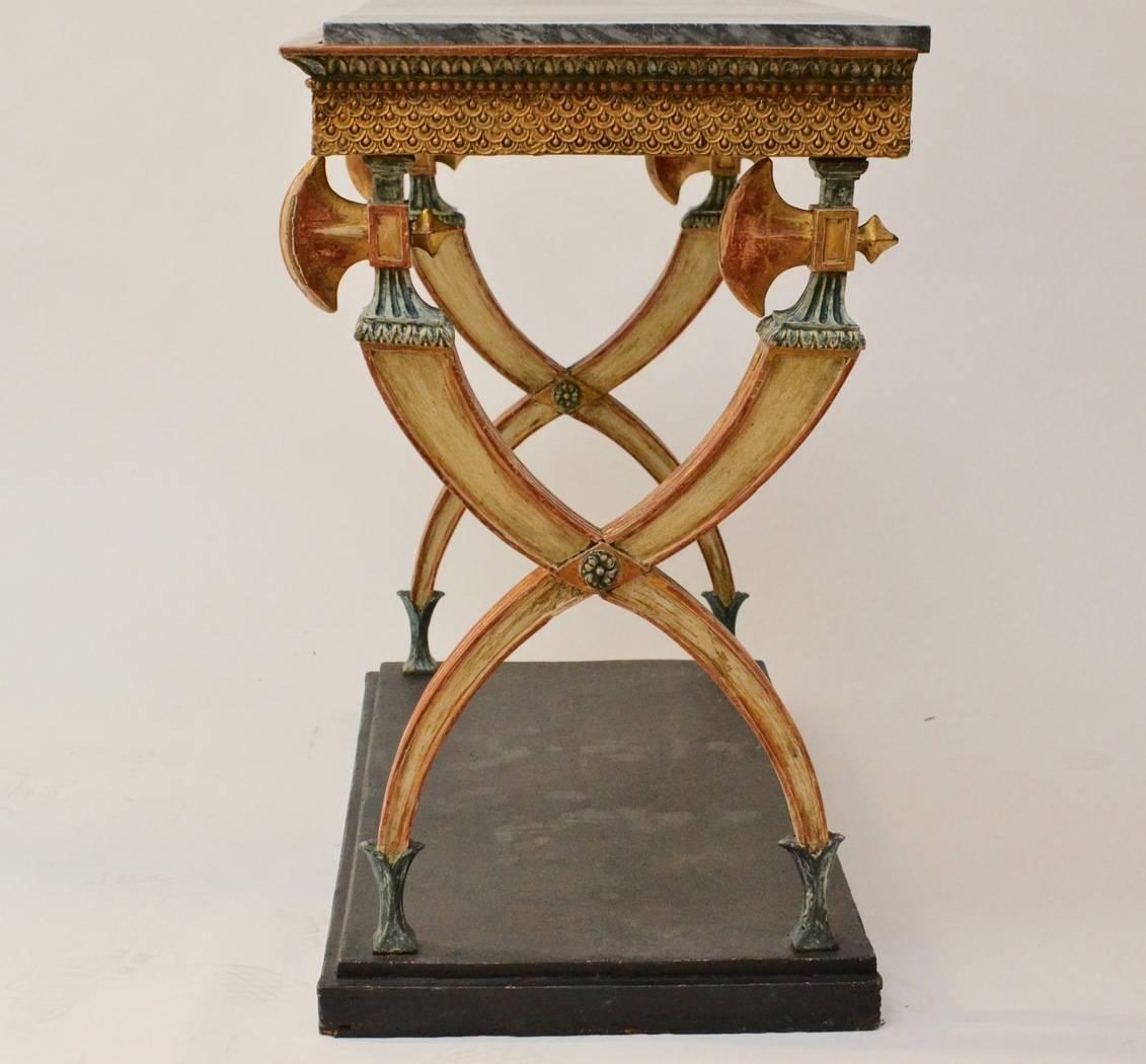 Carved Swedish Empire Gilded and Patinated Wood Console Table with a Marble Top