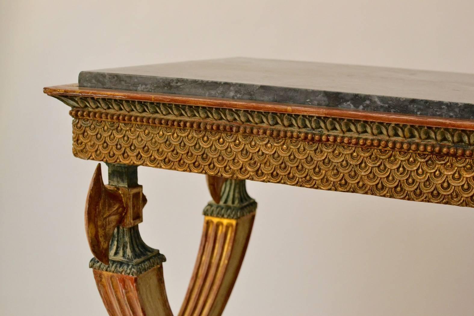 Swedish Empire Gilded and Patinated Wood Console Table with a Marble Top In Excellent Condition In Stockholm, SE