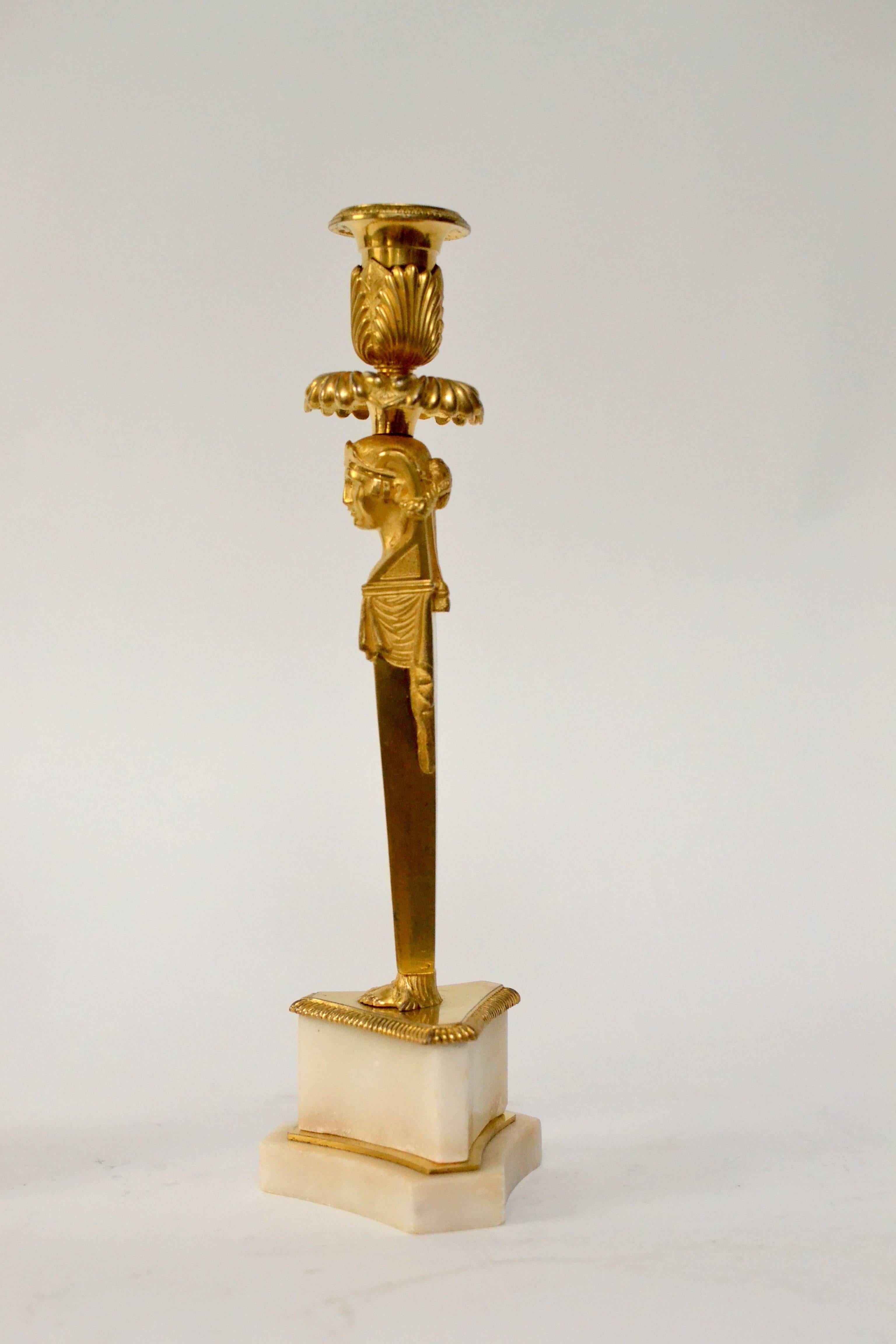 Rare Pair of Empire Gilt Bronze and Marble Candlesticks In Excellent Condition In Stockholm, SE