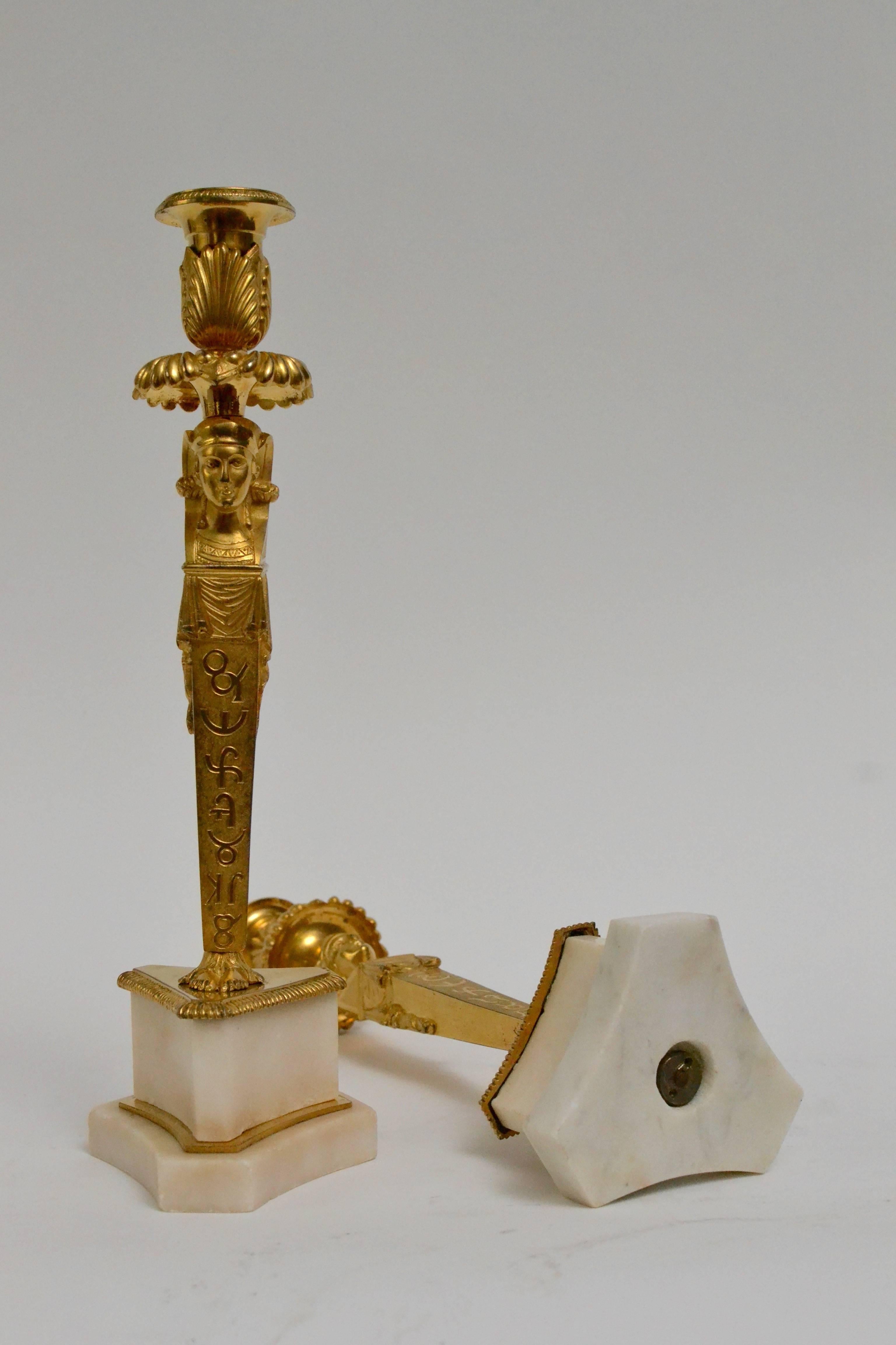 Early 19th Century Rare Pair of Empire Gilt Bronze and Marble Candlesticks