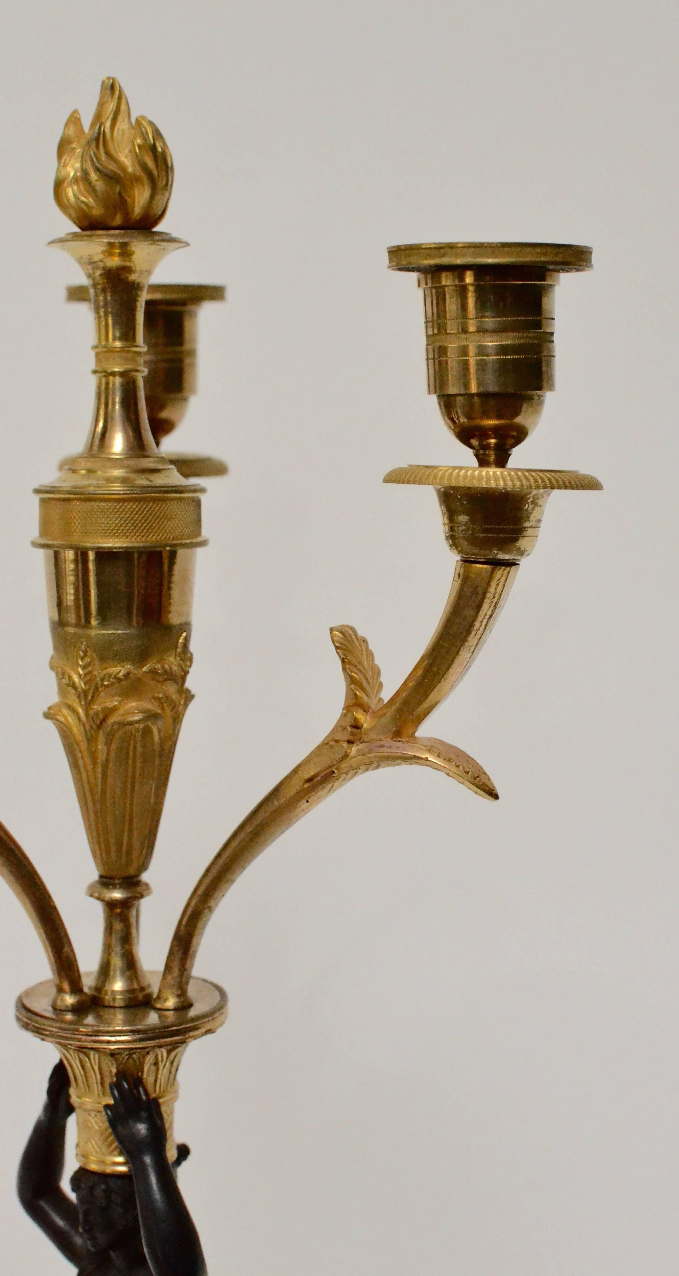 European Pair of Empire Gilt Bronze and Patinated Candelabra, Possibly Germany