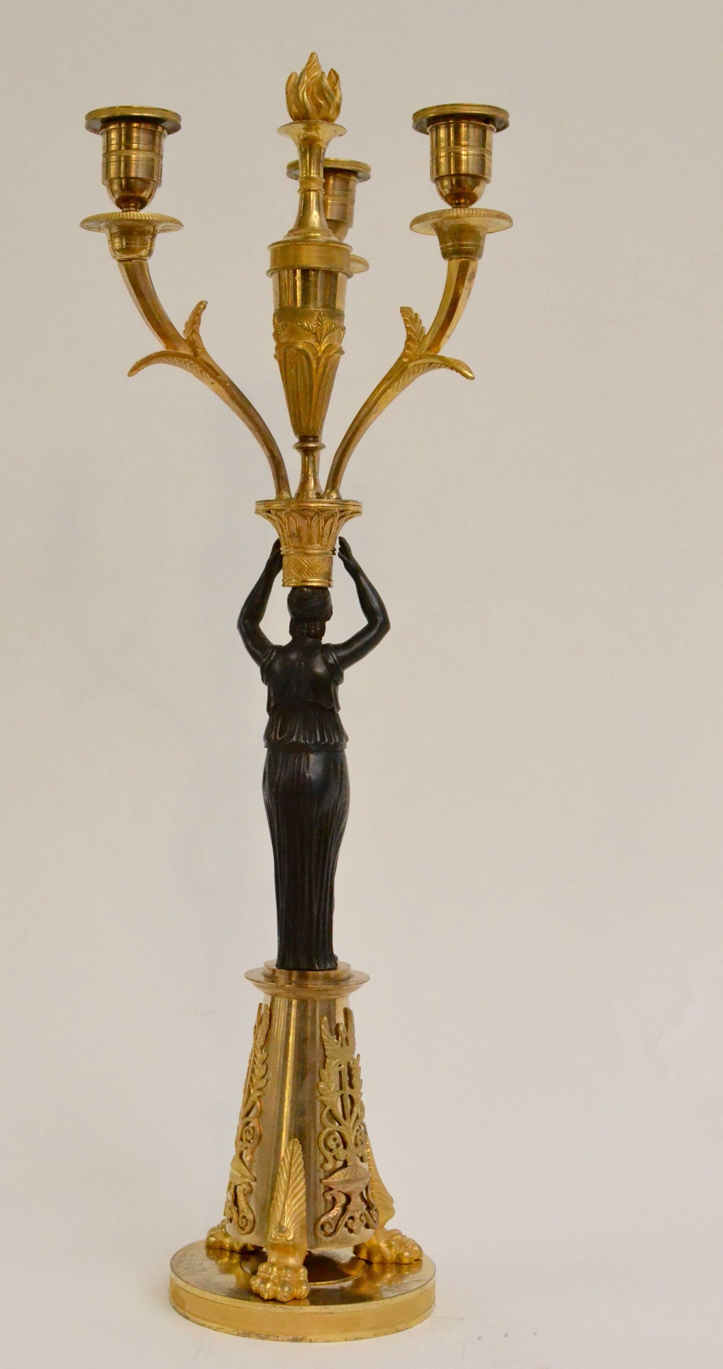 Pair of Empire Gilt Bronze and Patinated Candelabra, Possibly Germany In Excellent Condition In Stockholm, SE