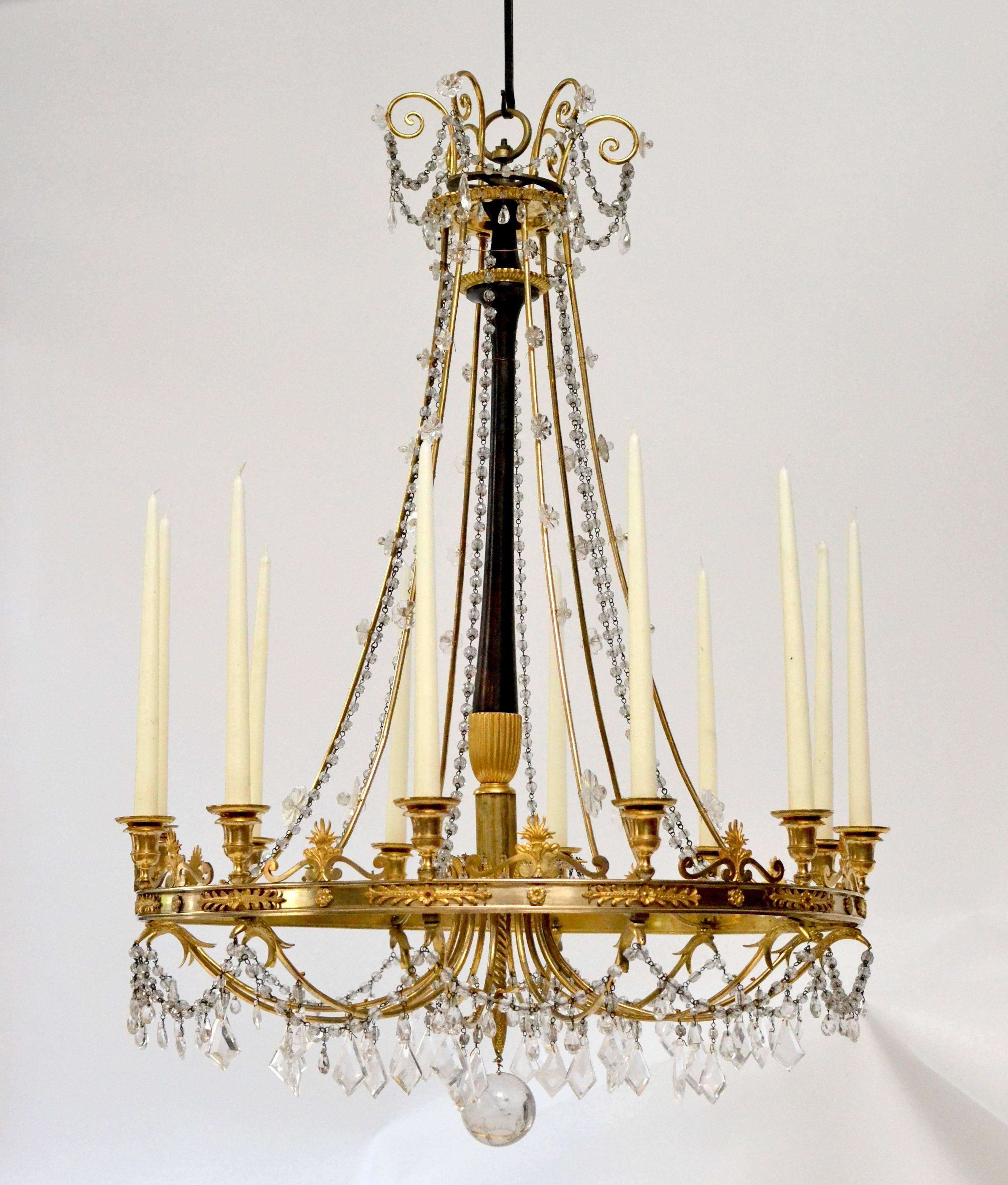 Empire French Early 19th Century Gilt and Patinated Bronze Chandelier with Crystals