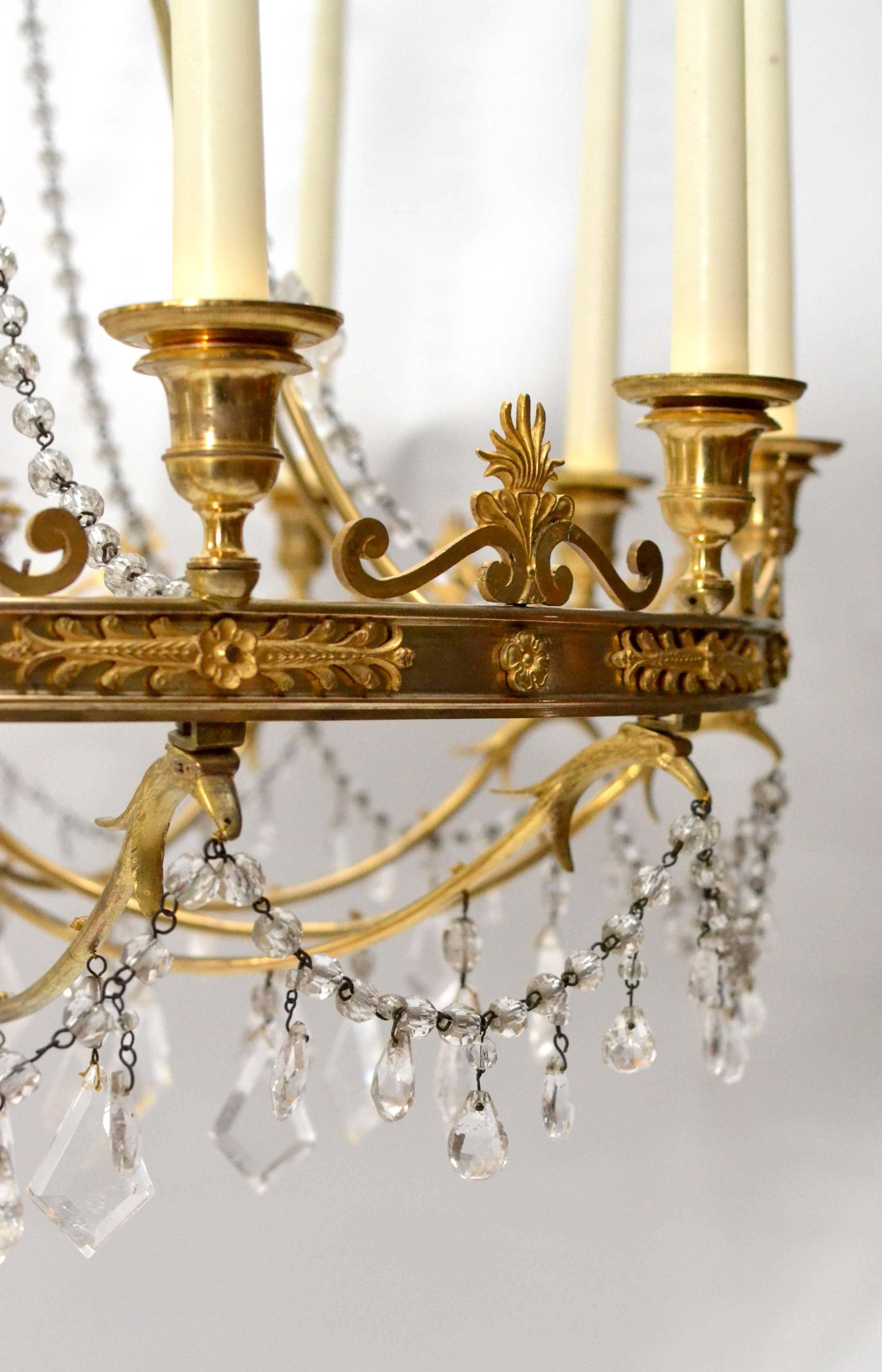 French Early 19th Century Gilt and Patinated Bronze Chandelier with Crystals 1