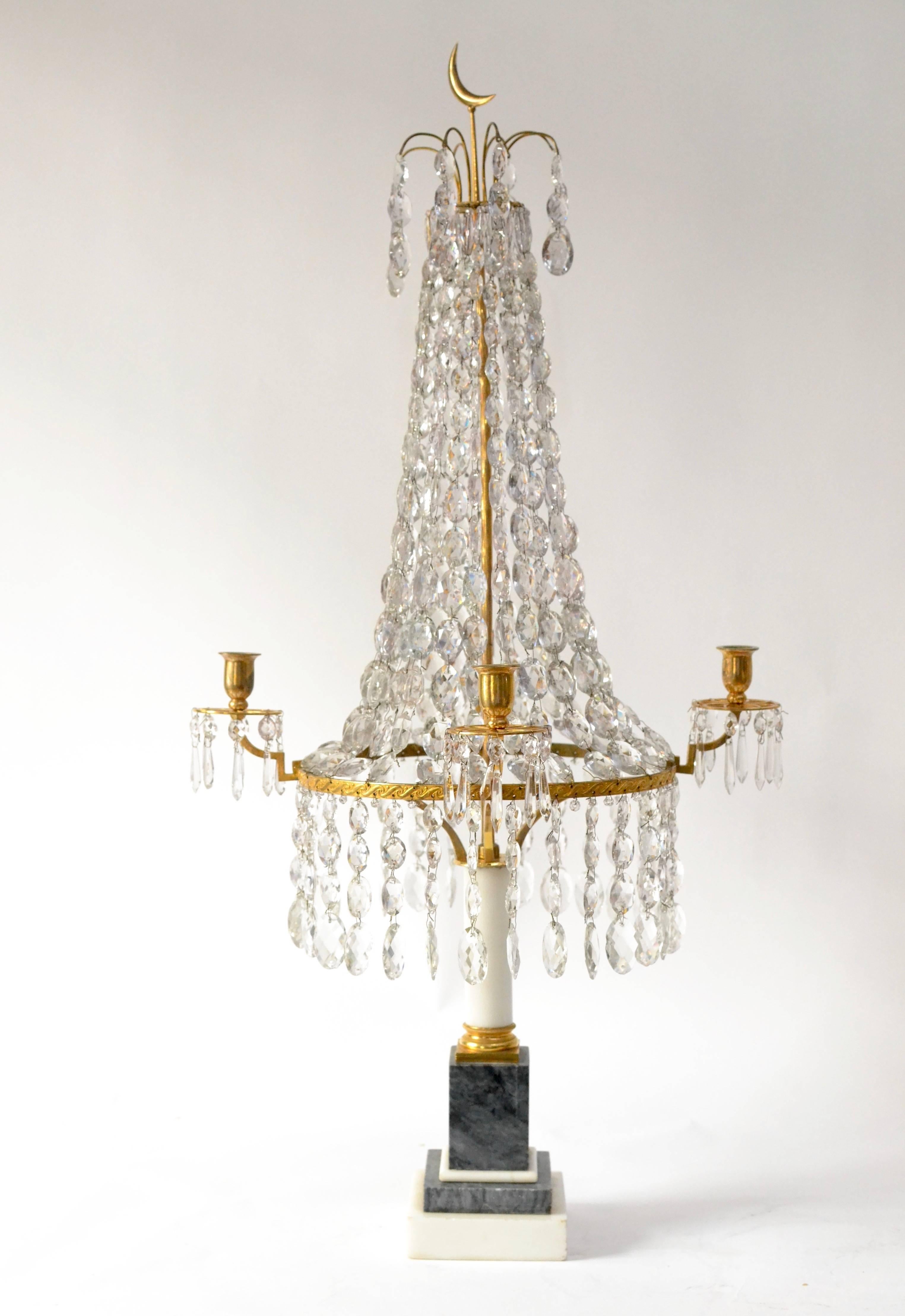 European Pair of Louis XVI Crystal and Gilt Bronze Candelabra with a Marble Base