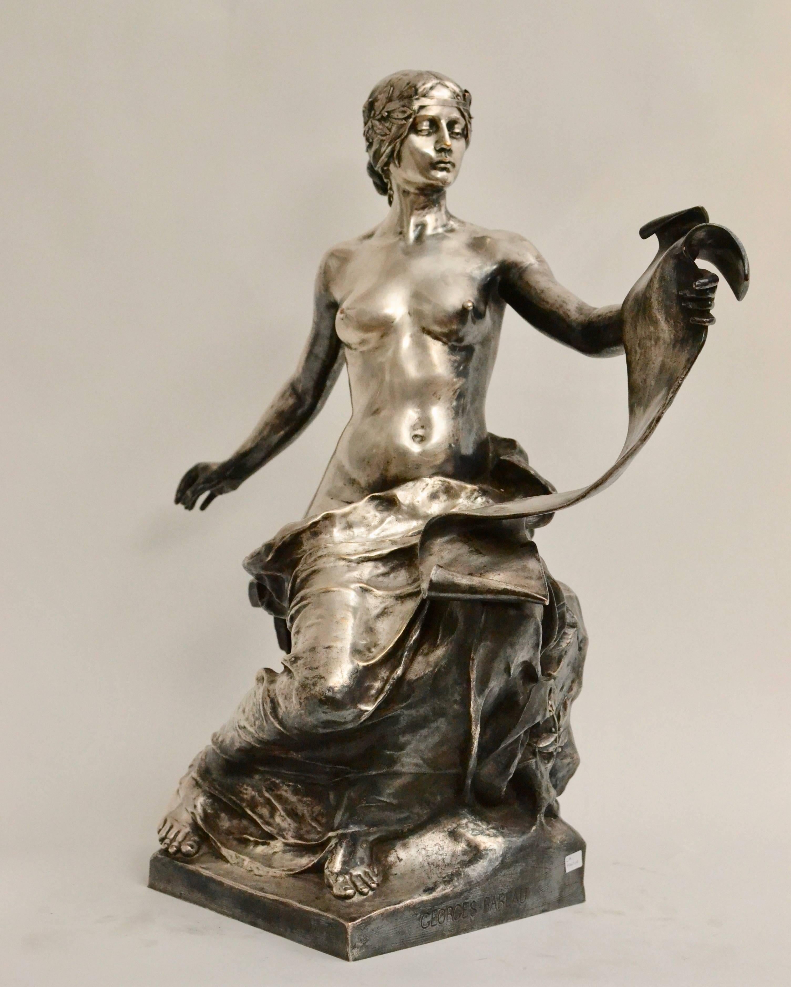 Georges-Marie-Valentin Bareau,
1866-1931,
French.
La Poesie (Poetry)
signed: Georges-Bareau inscribed: F BARBEDIENNE Fondeur and with the Réduction Mécanique A.COLLAS BREVETÉ pastille
Silver plated bronze.
 