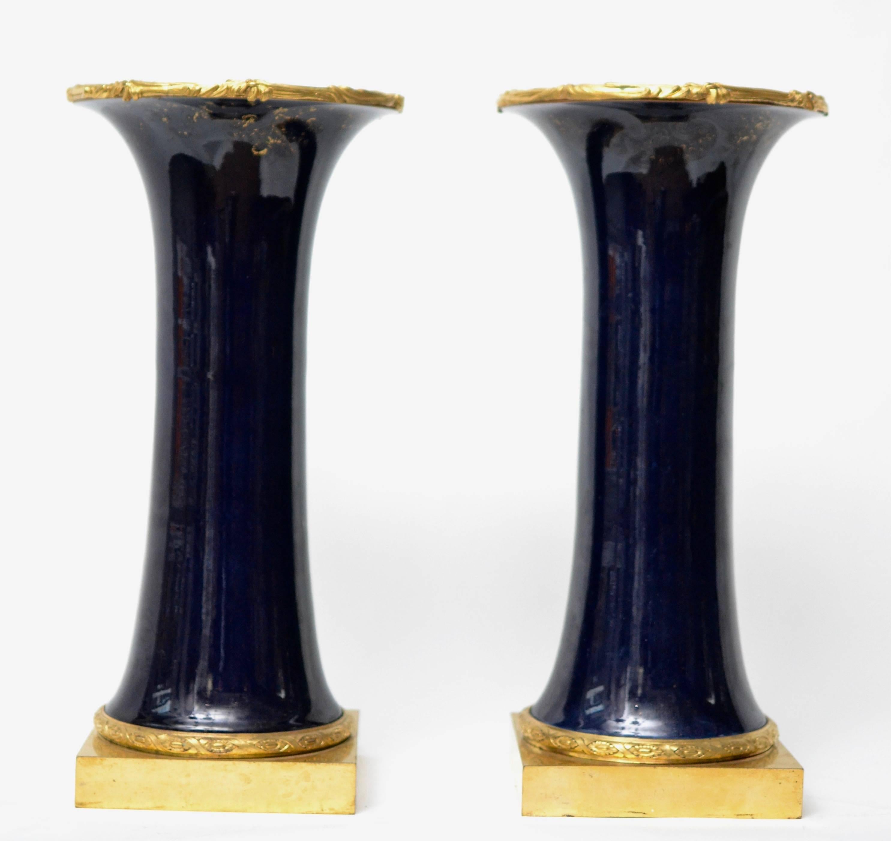18th Century and Earlier Pair of Ormolu Mounted Powder Blue Chinese Kangxi Trumpet Vases