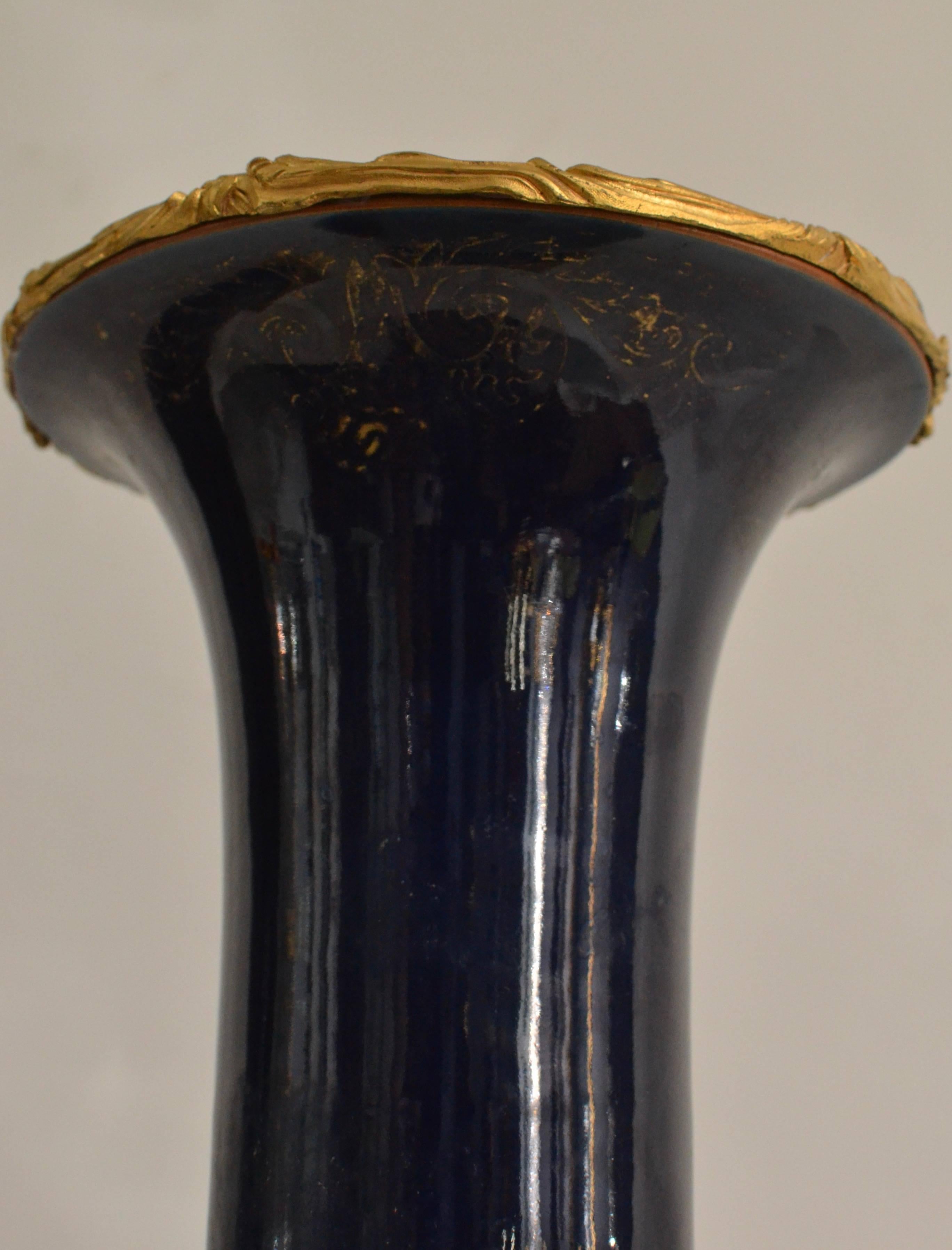 Pair of Ormolu Mounted Powder Blue Chinese Kangxi Trumpet Vases 2