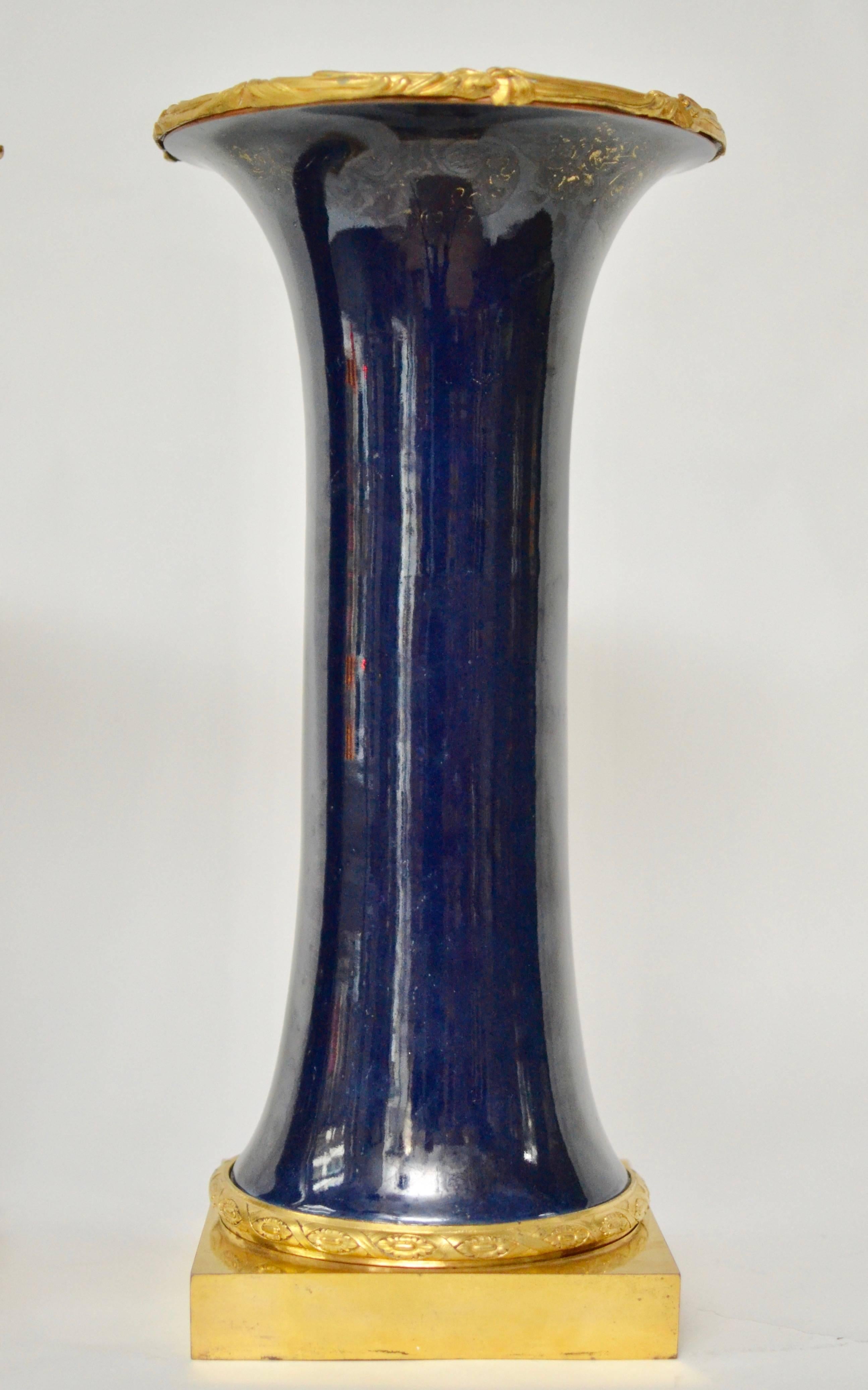 Pair of Ormolu Mounted Powder Blue Chinese Kangxi Trumpet Vases 4