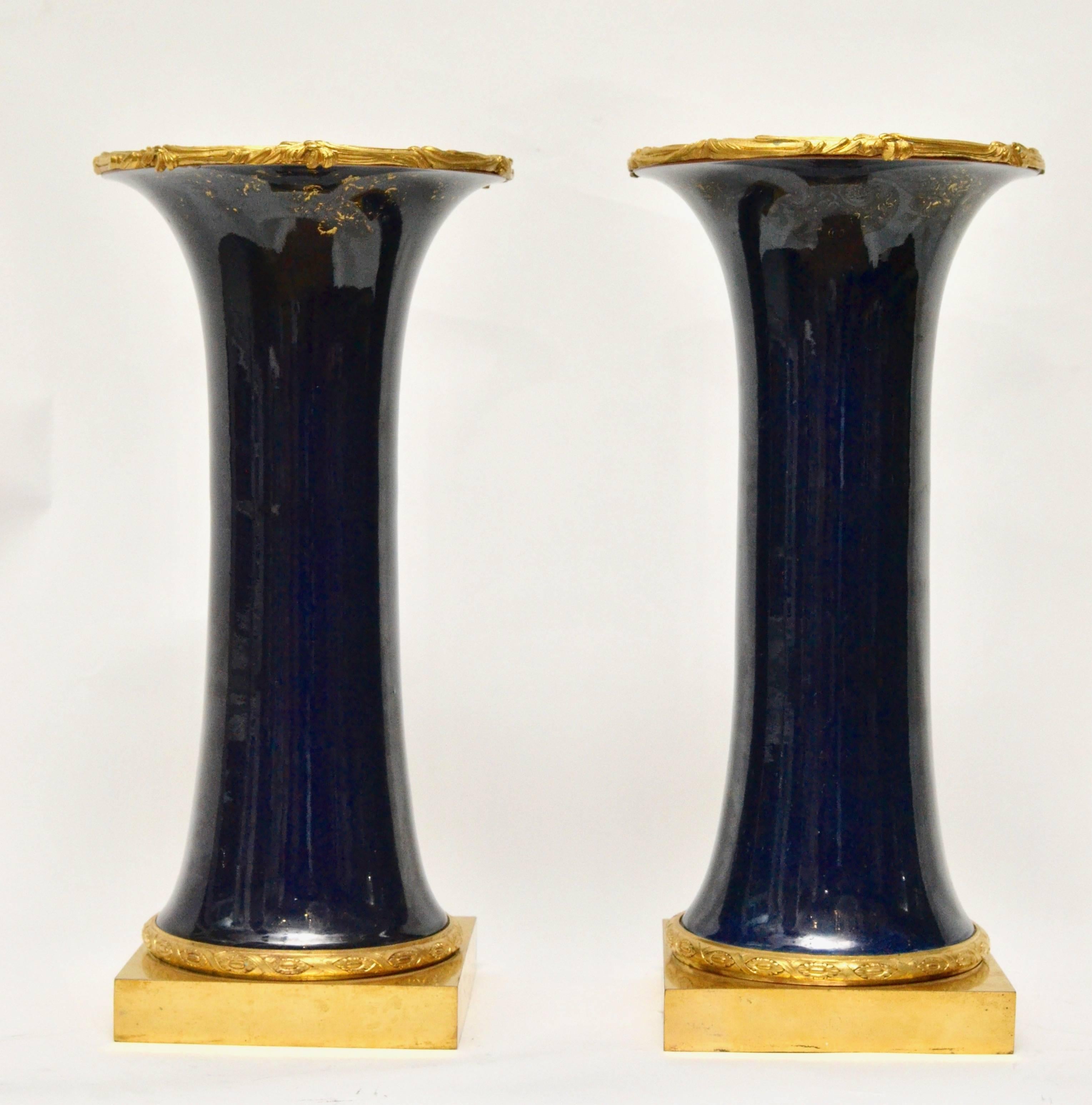 Pair of Ormolu Mounted Powder Blue Chinese Kangxi Trumpet Vases 1