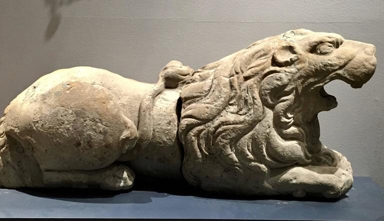 A rare pair of 17th century carved sandstone reclining lions. Attributed to Didrik Blume (active 1630-1668) or Markus Hebel (active ca. 1638-1664) Originally they were part of the main entrance of a Swedish castle which was demolished in the 18th