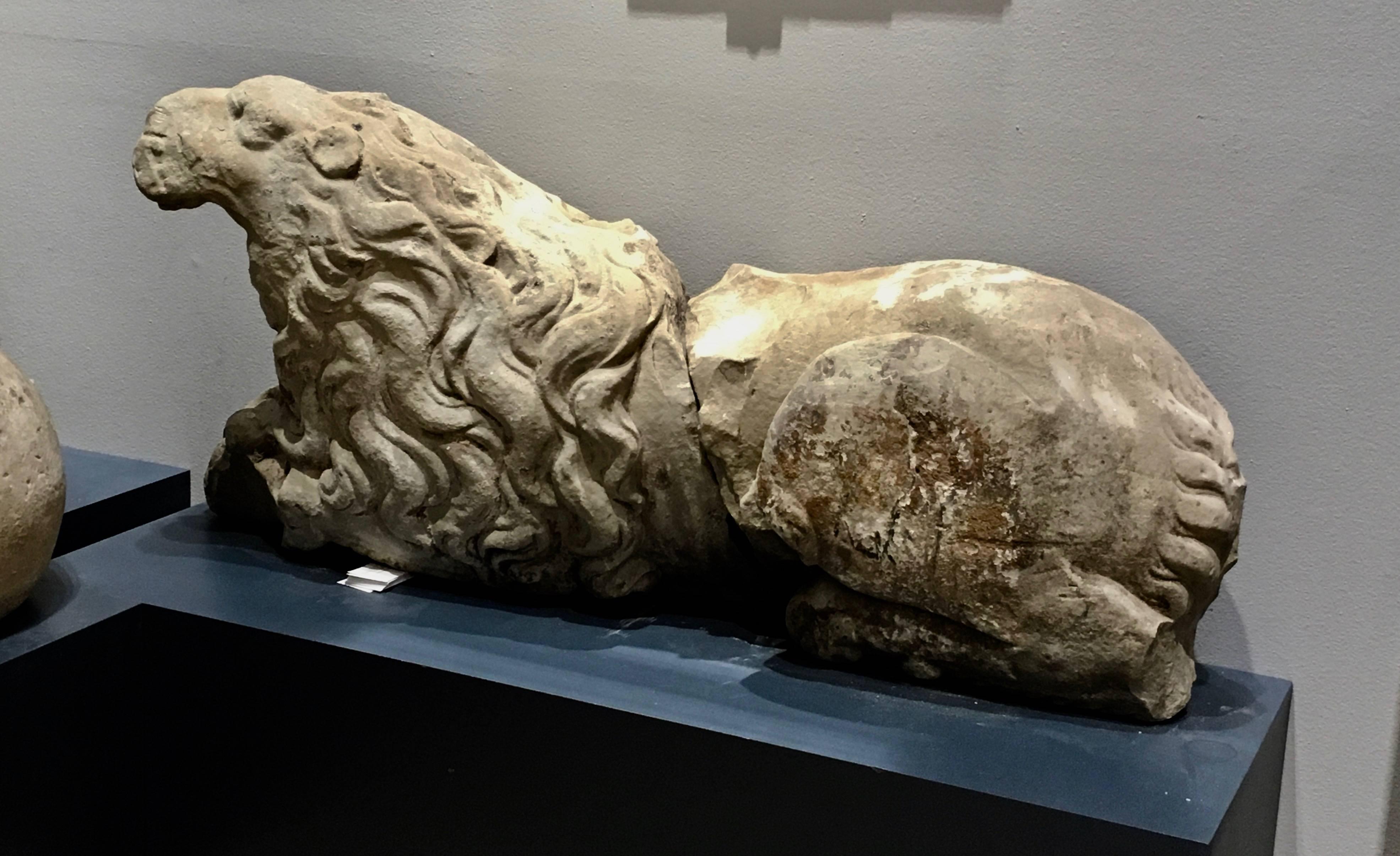 Swedish Pair of 17th Century Carved Sandstone Reclining Lions Originally Part of the