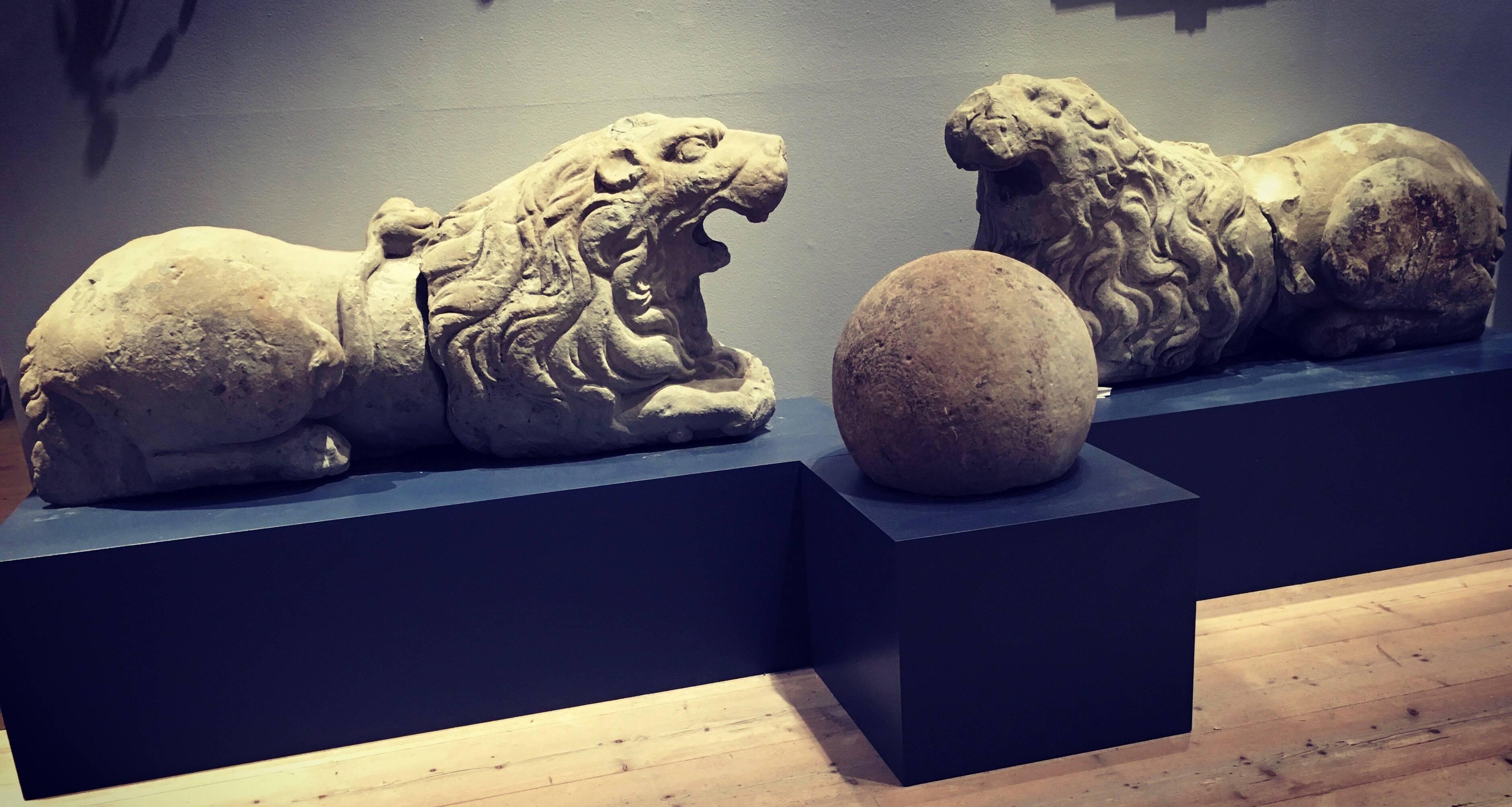 Baroque Pair of 17th Century Carved Sandstone Reclining Lions Originally Part of the