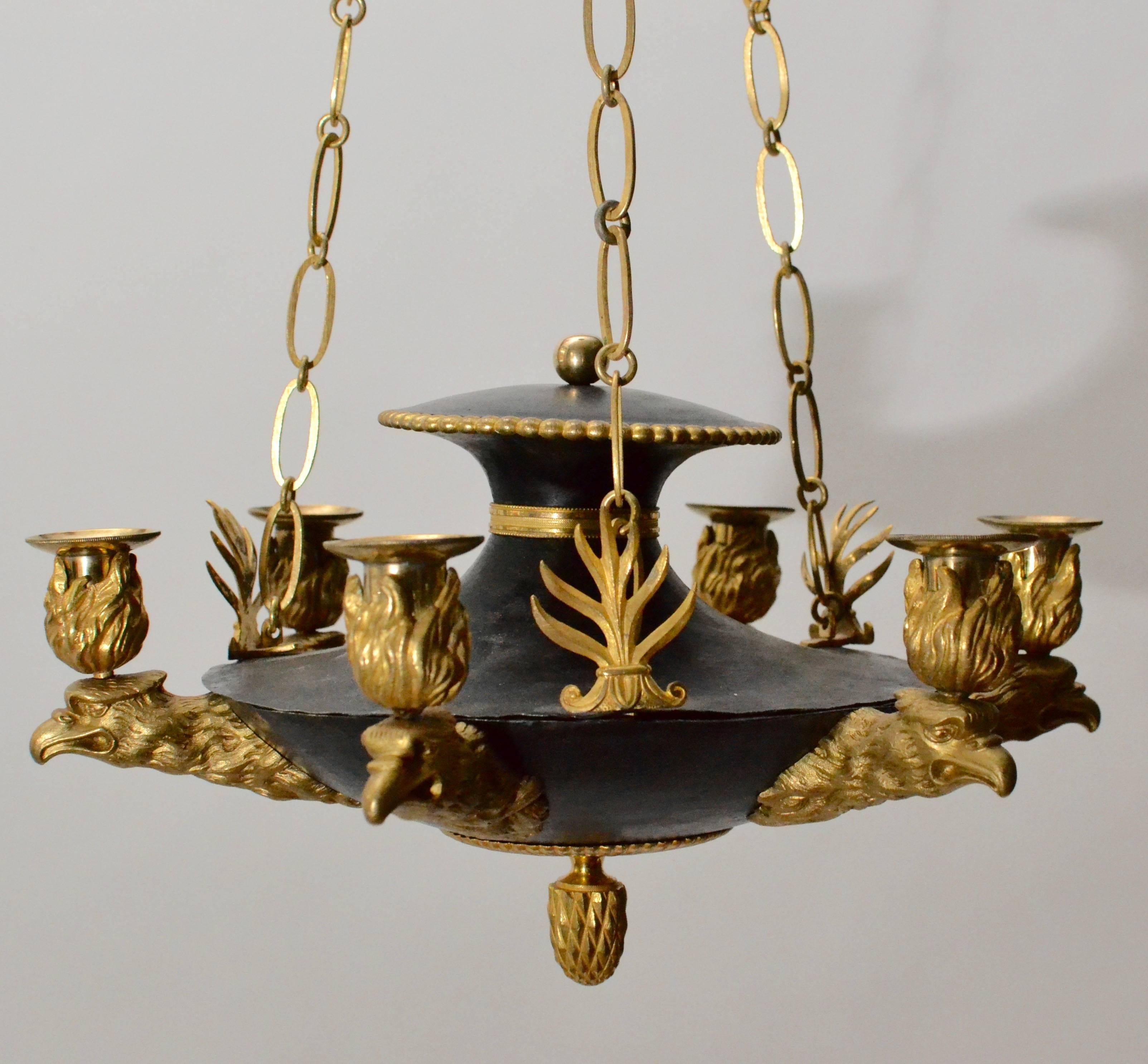 Swedish Six-Light Gilt-Bronze and Patinated Empire Chandelier In Excellent Condition In Stockholm, SE