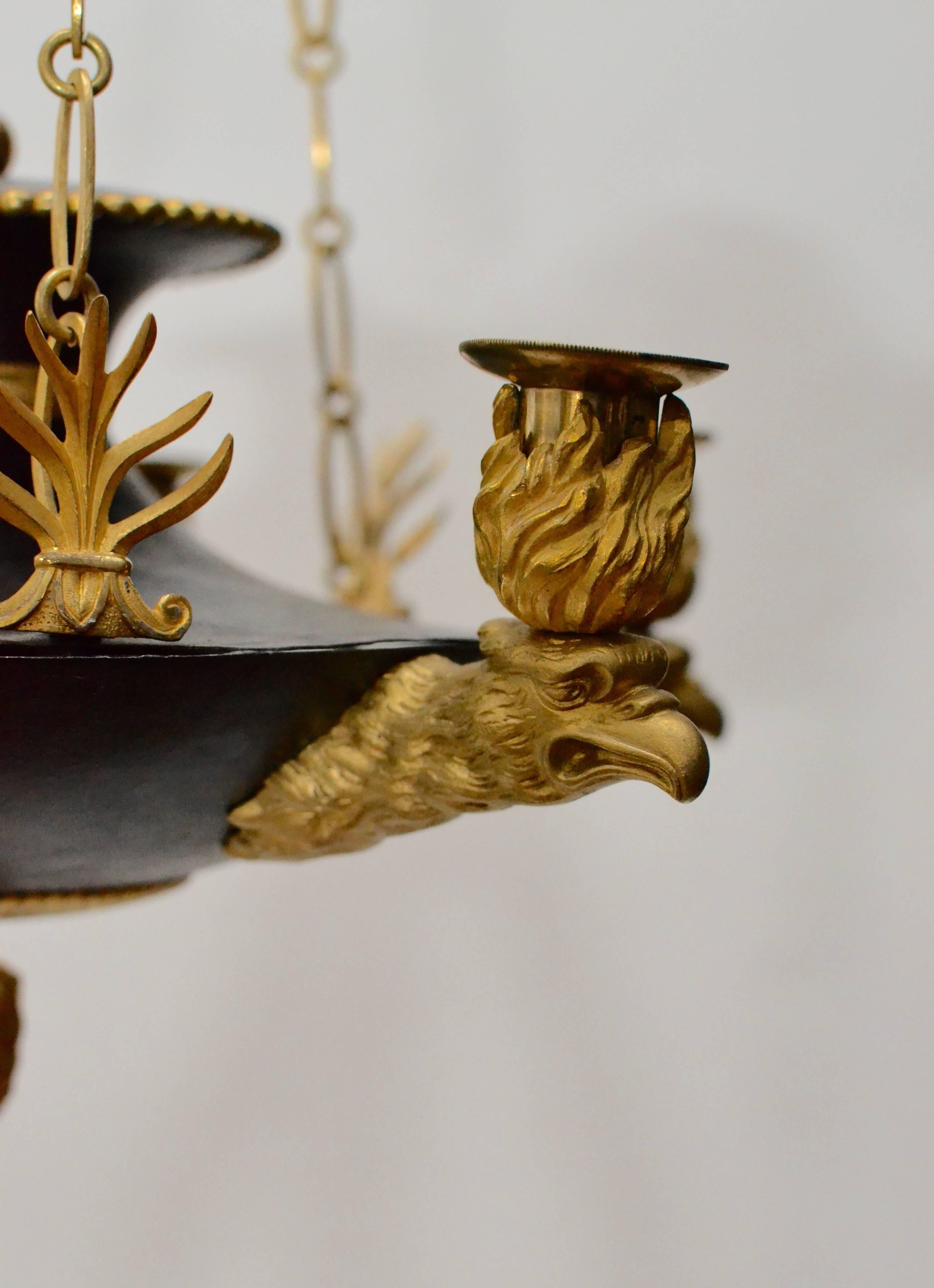 Swedish Six-Light Gilt-Bronze and Patinated Empire Chandelier 1