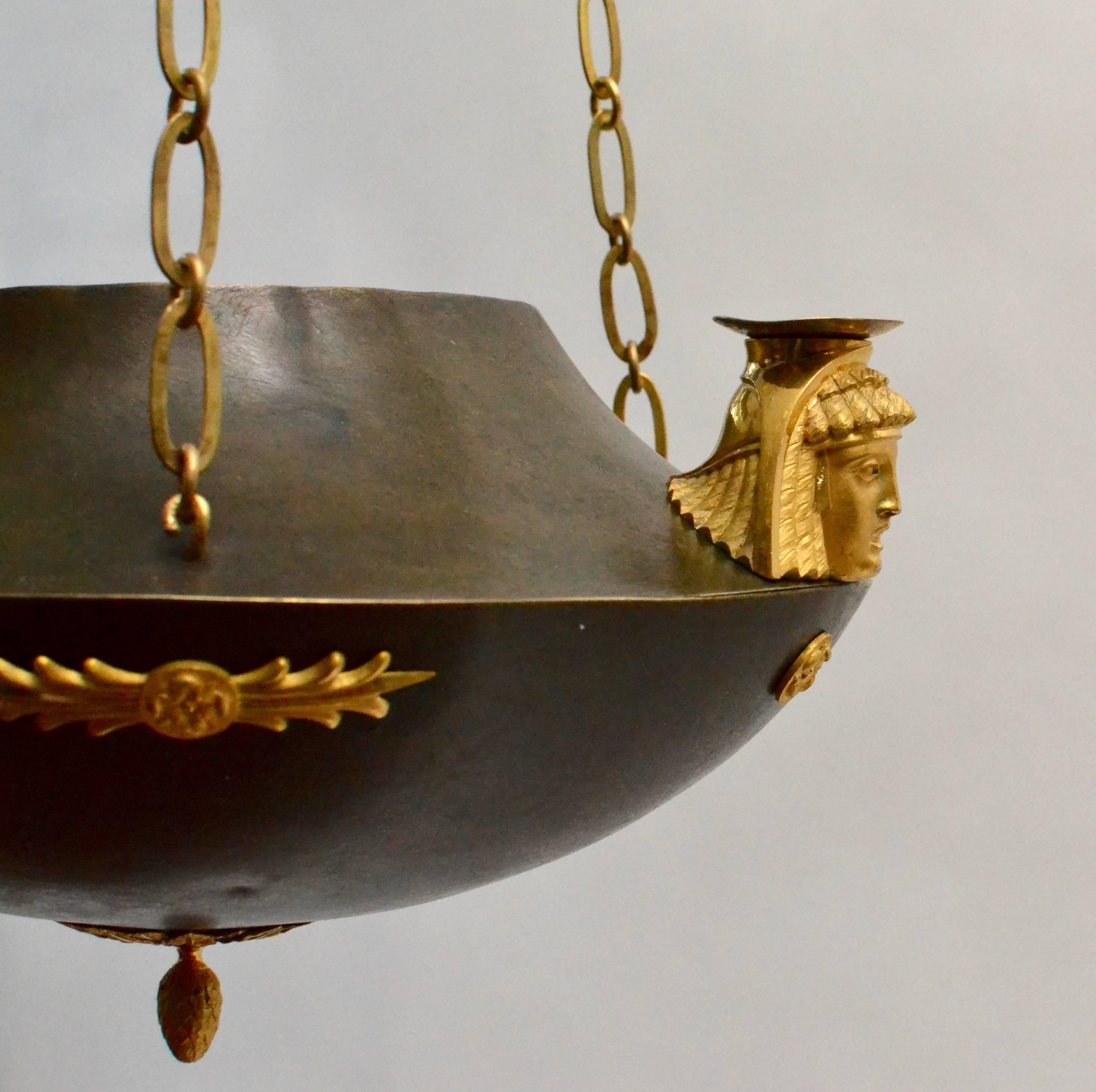 Early 19th Century Unusual Patinated and Gilt Bronze Swedish Empire Chandelier, circa 1810