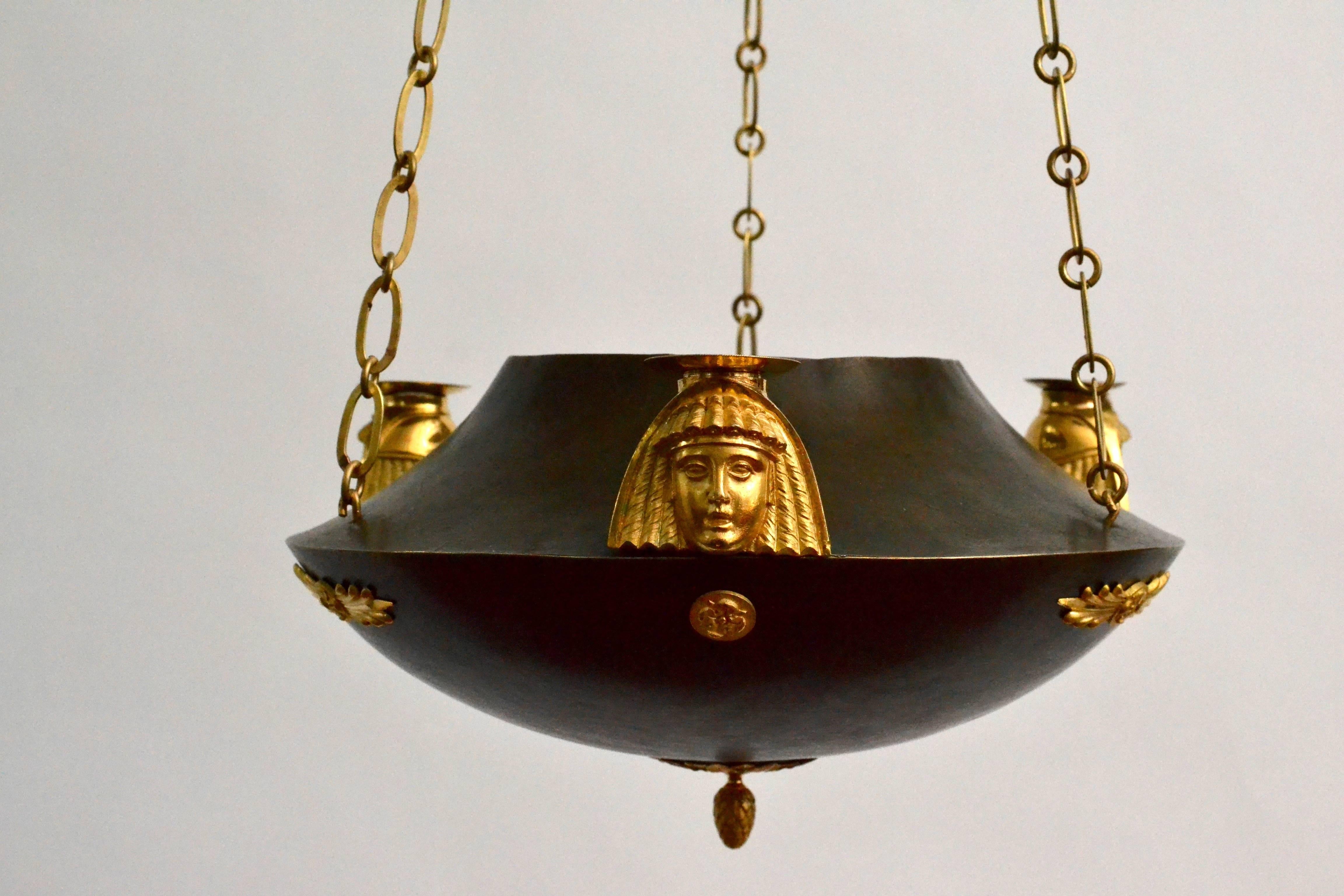 Unusual Patinated and Gilt Bronze Swedish Empire Chandelier, circa 1810 In Good Condition In Stockholm, SE