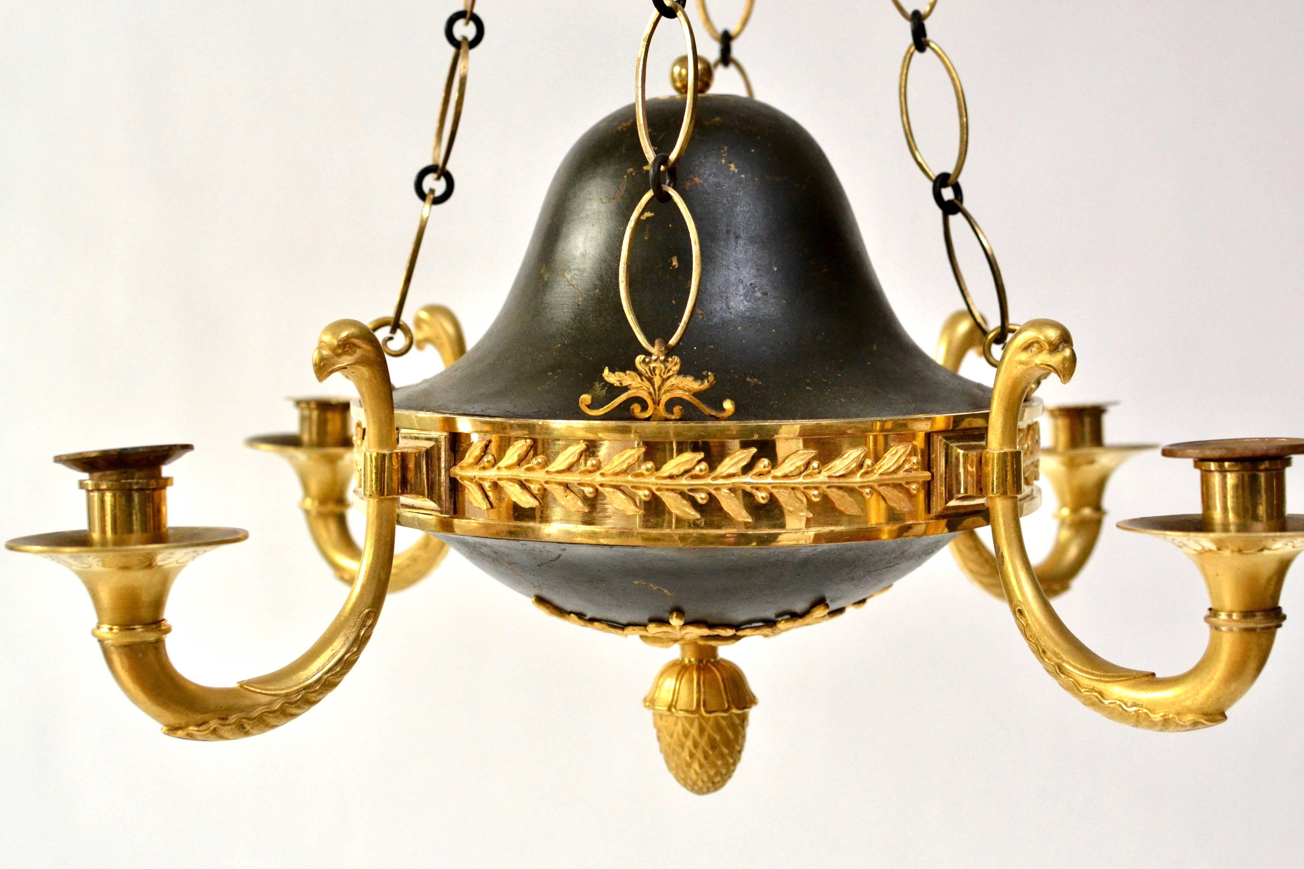 Rare Russian Gilt and Patinated Bronze Chandelier, Empire Period In Excellent Condition In Stockholm, SE