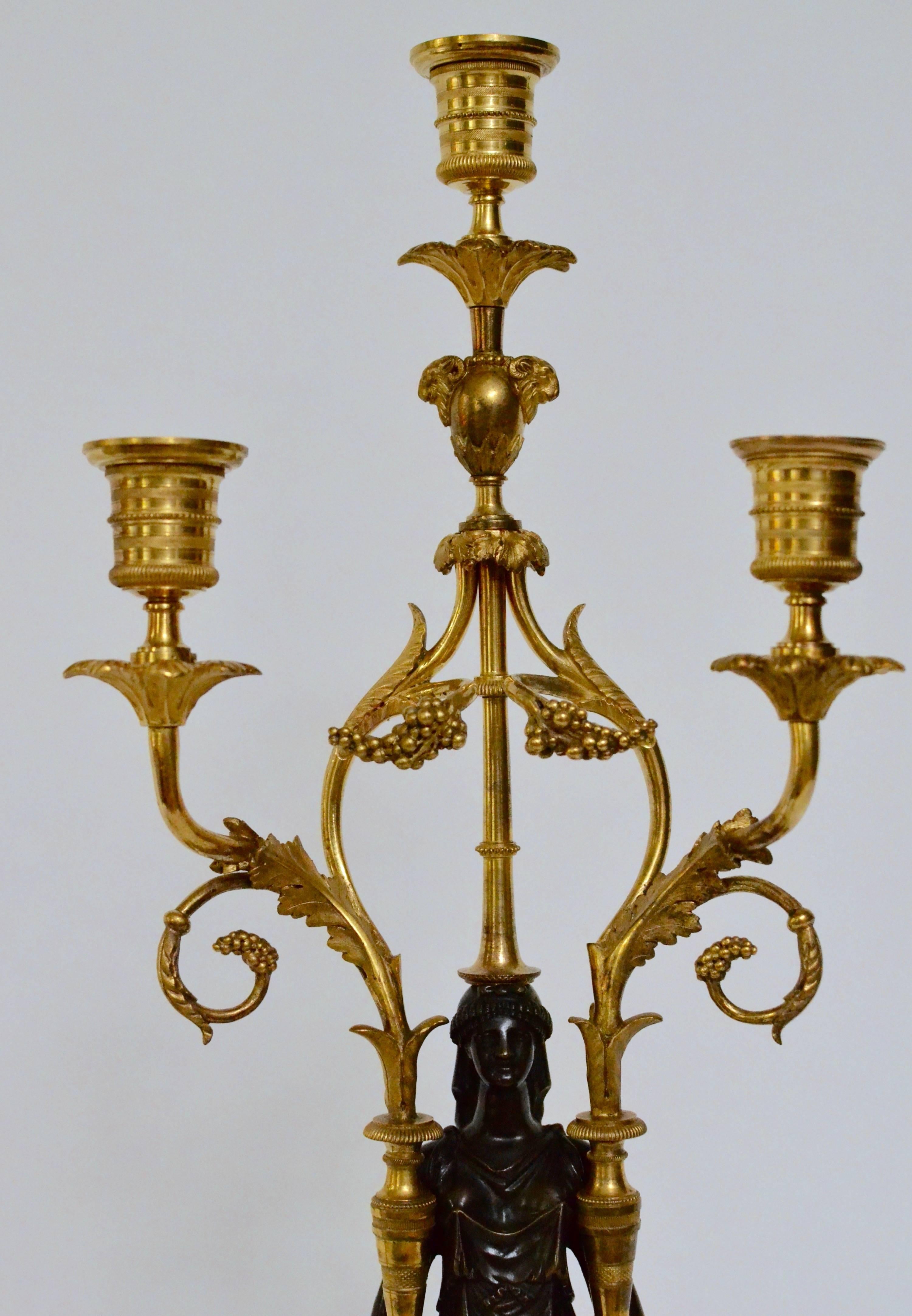 Pair of Louis XVI Gilt Bronze and Patinated Candelabra on Red Marble Bases 2