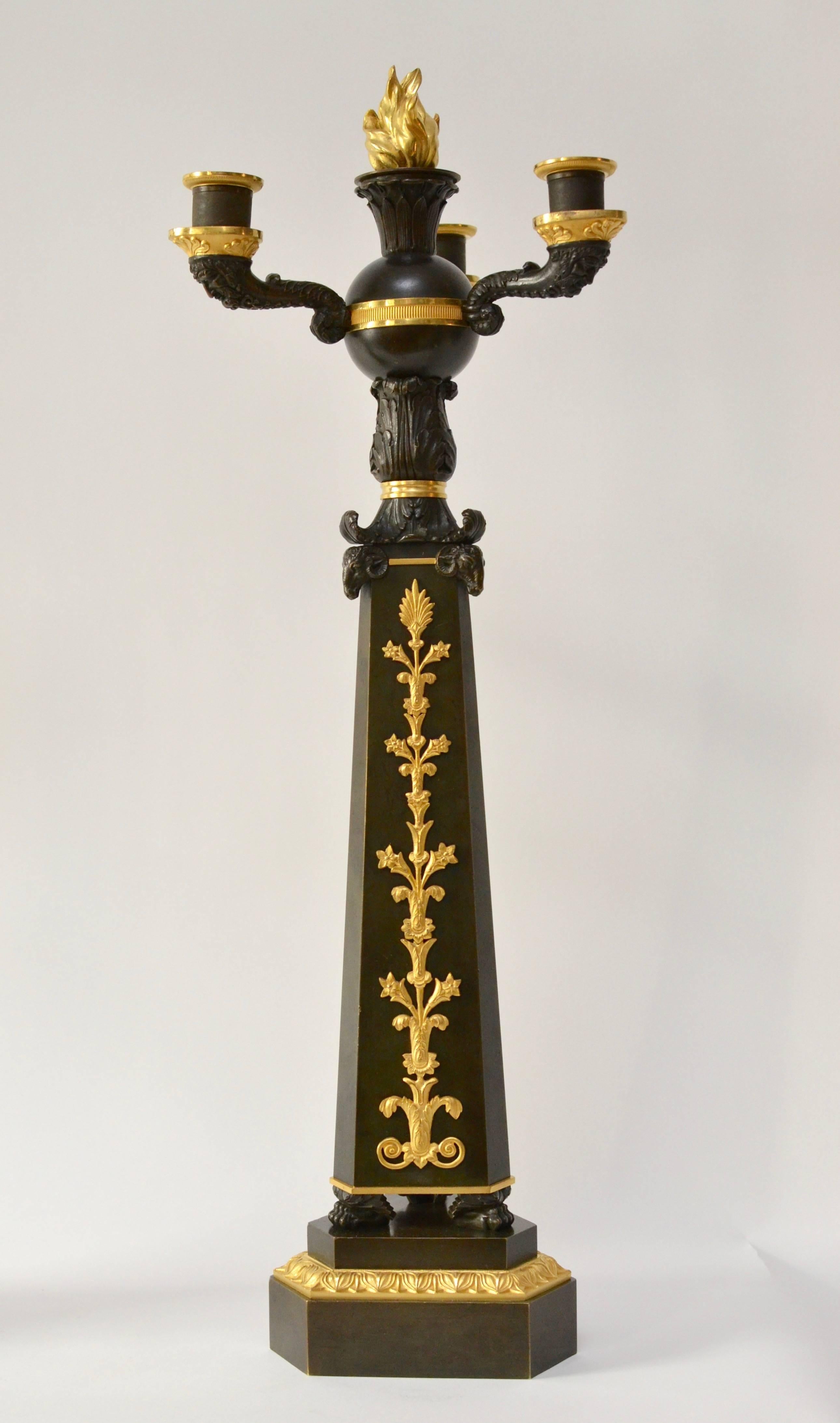 French Pair of Empire Gilt and Patinated Bronze Candelabra