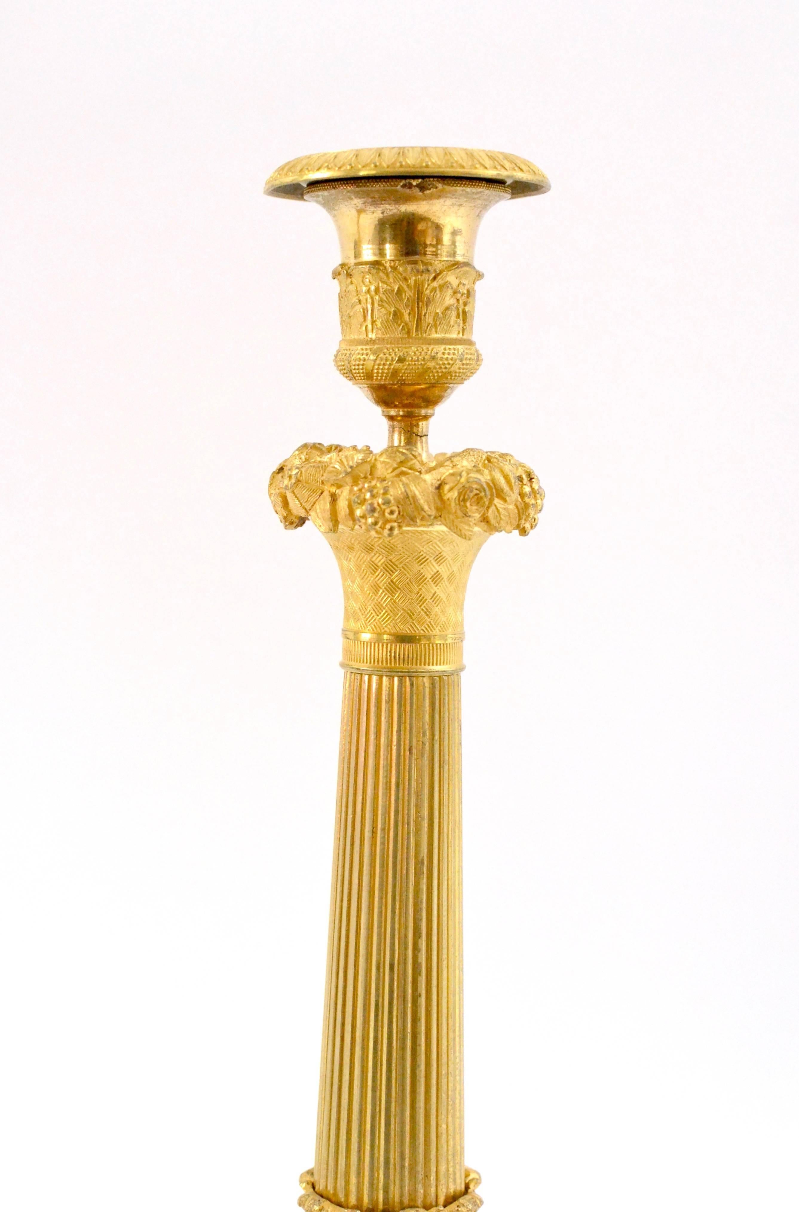 19th Century Pair of Gilt Bronze Empire Candlesticks