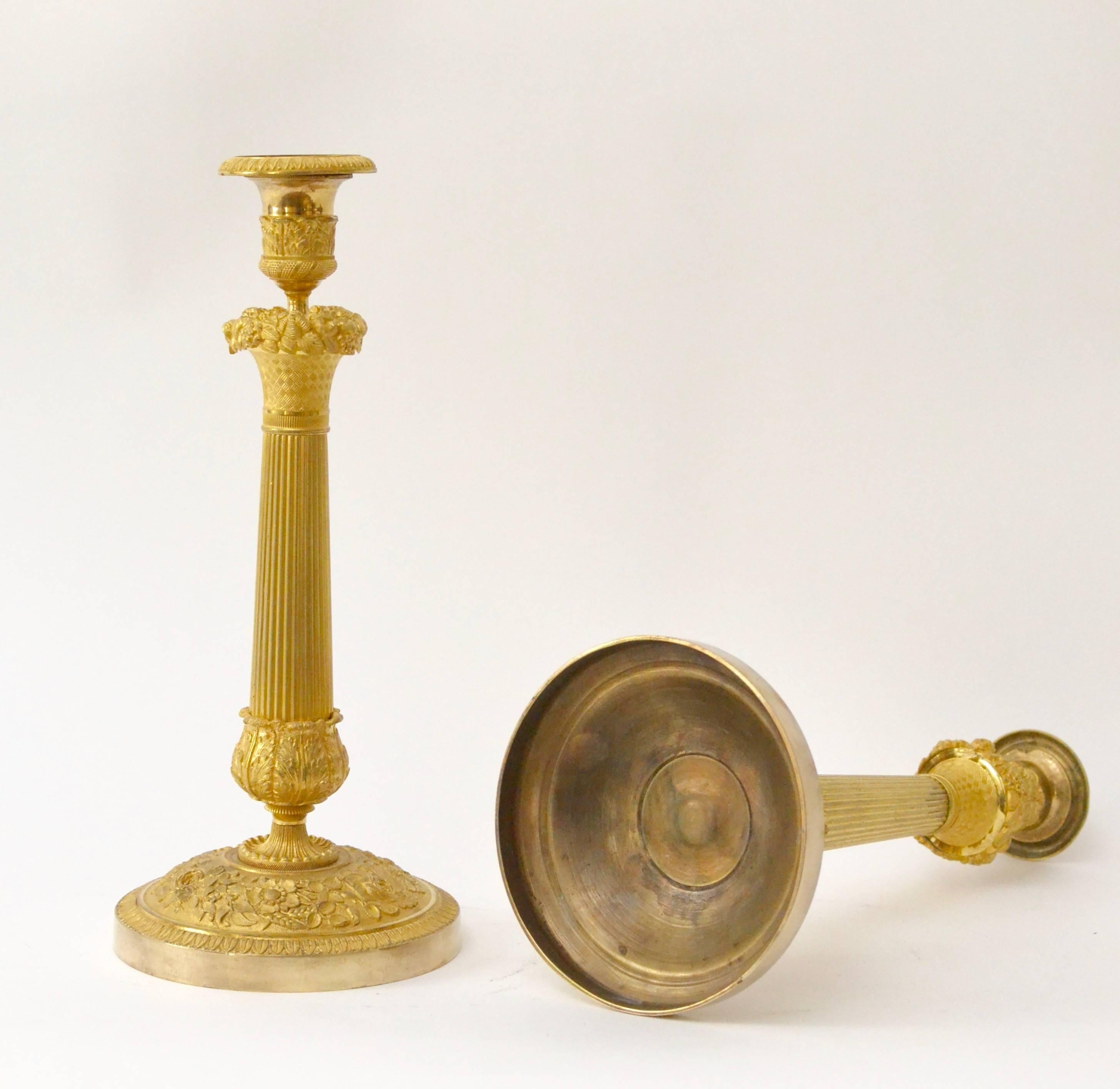 French Pair of Gilt Bronze Empire Candlesticks