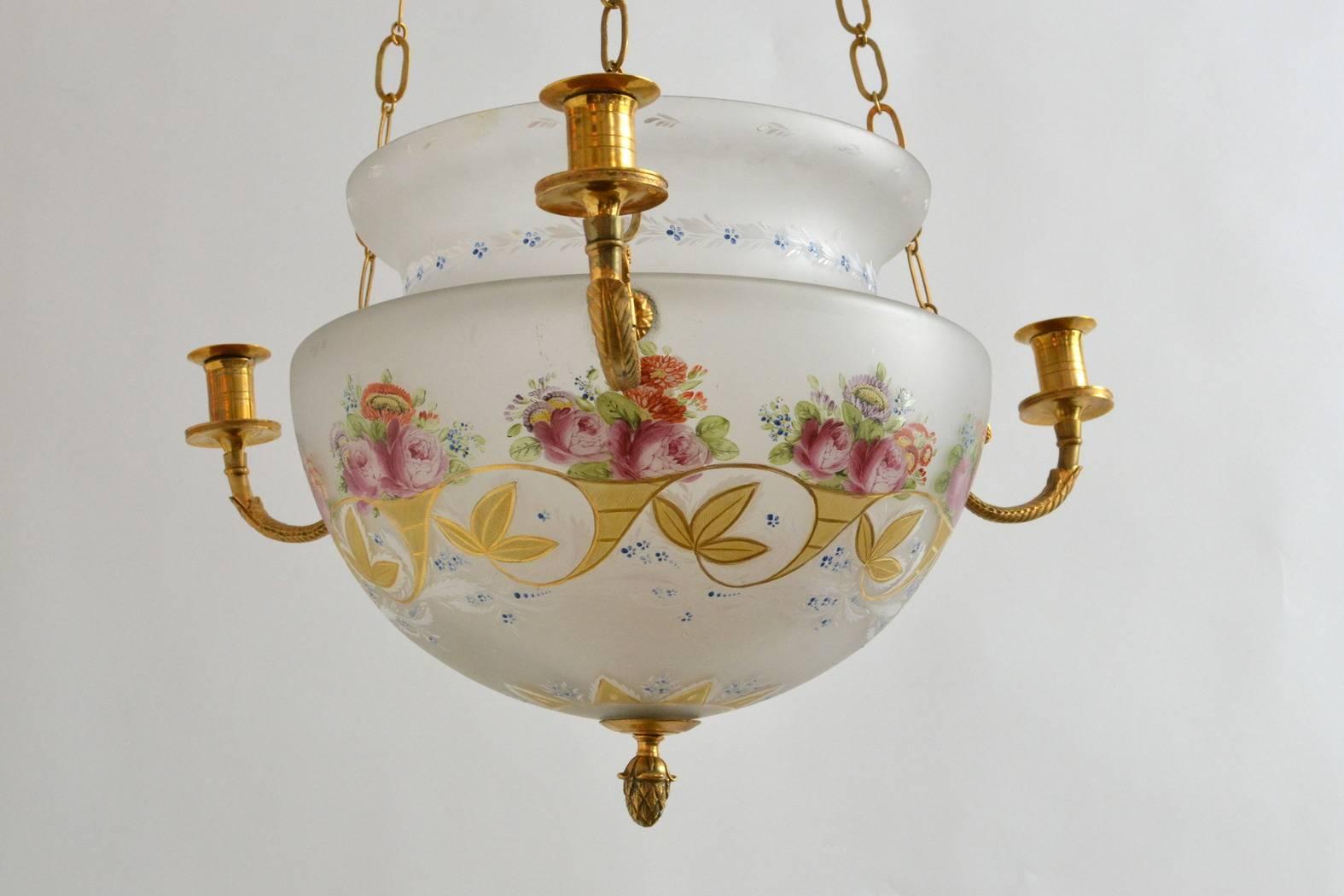A Swedish painted glass Empire hanging lantern/lamp, early 19th century with three candleholders and arms.