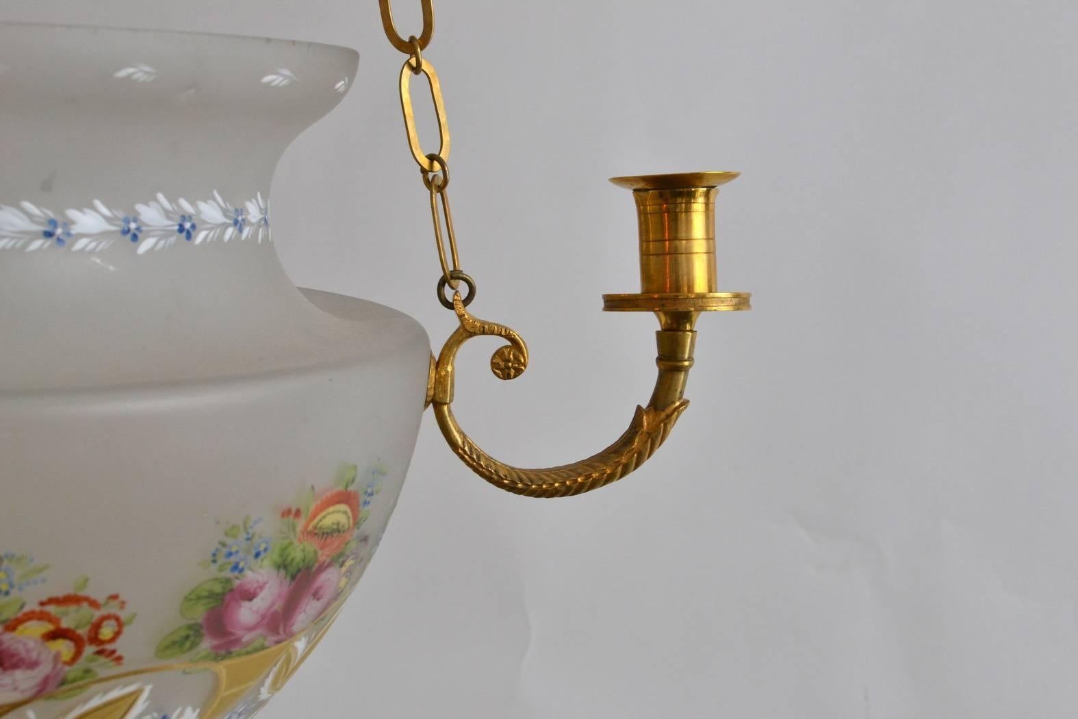 Gilt Swedish Painted Glass Empire Hanging Lantern/Lamp, Early 19th Century