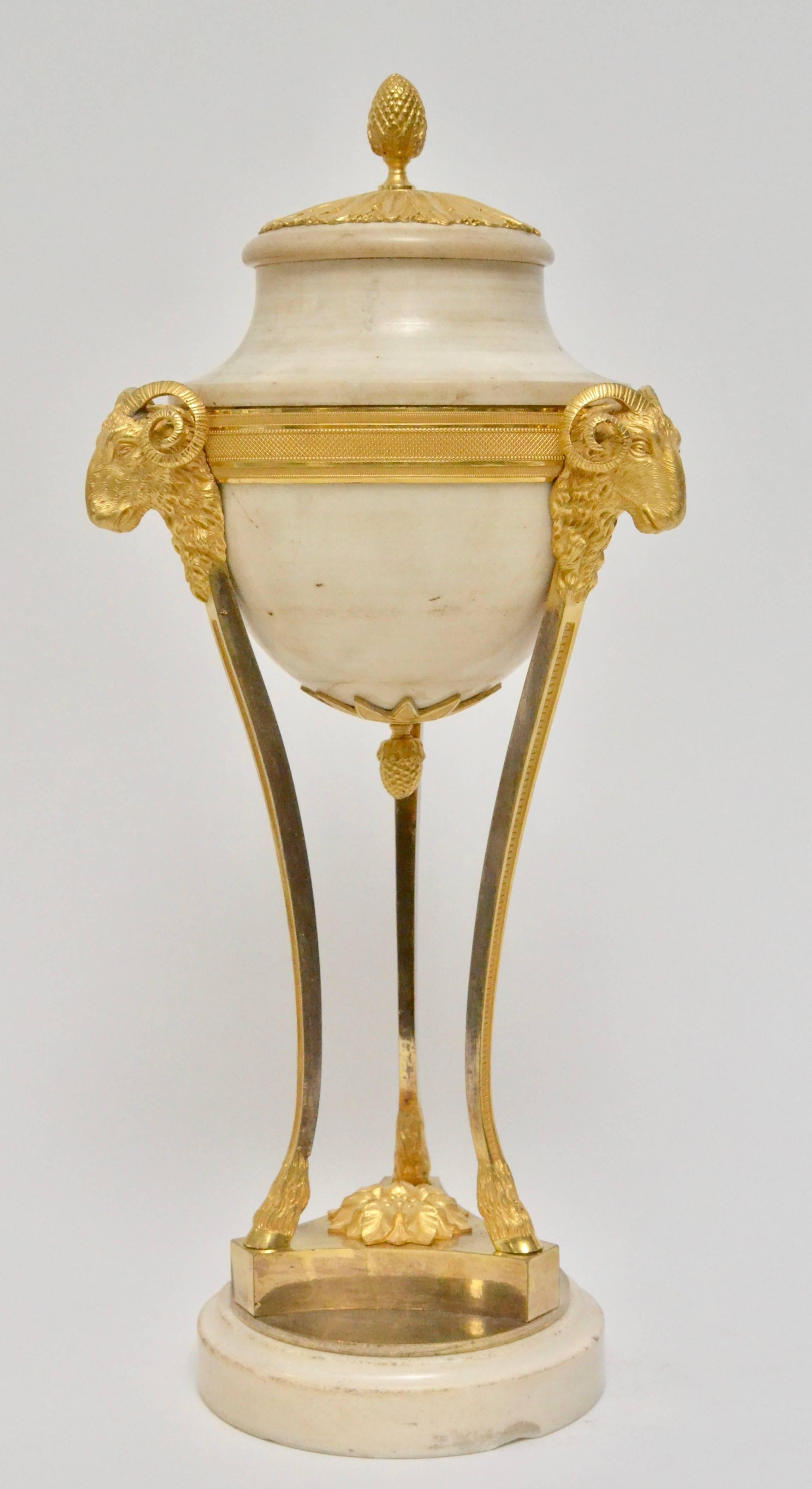 French Pair of Louis XVI Gilt Bronze and White Marble Urns