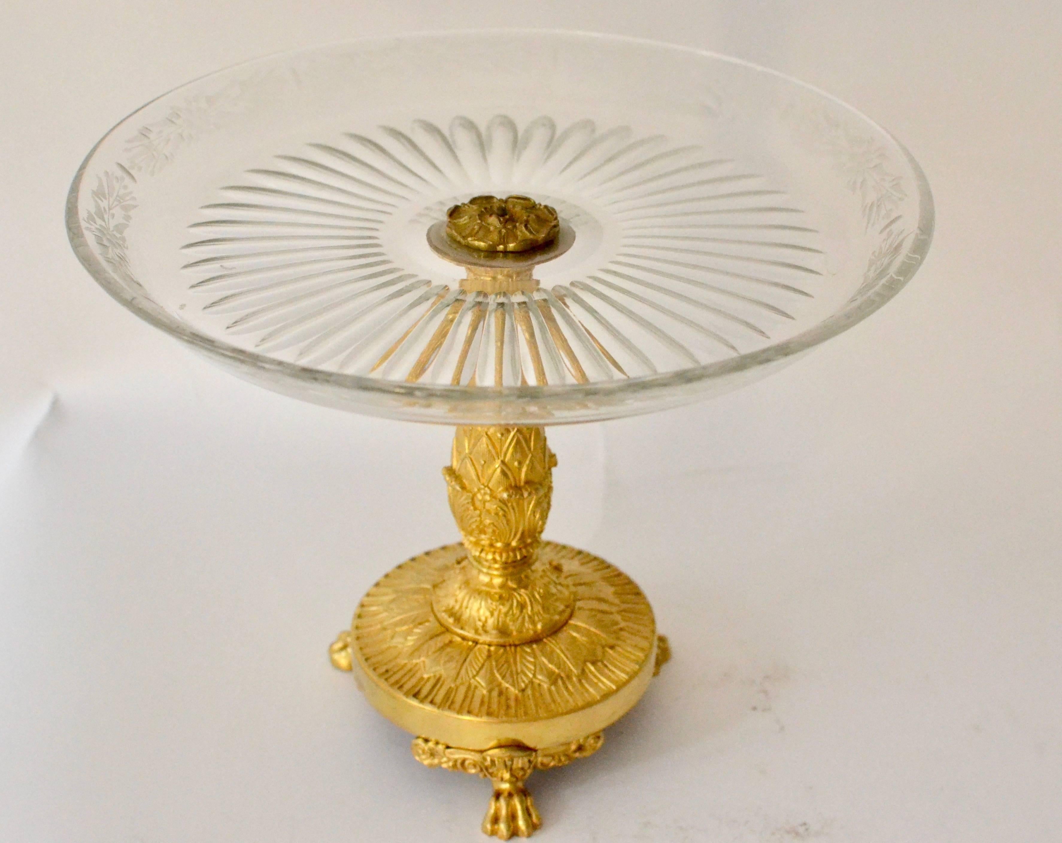 French Pair of Empire Gilt Bronze and Cut Glass Empire Tazzas, Surtout De Table