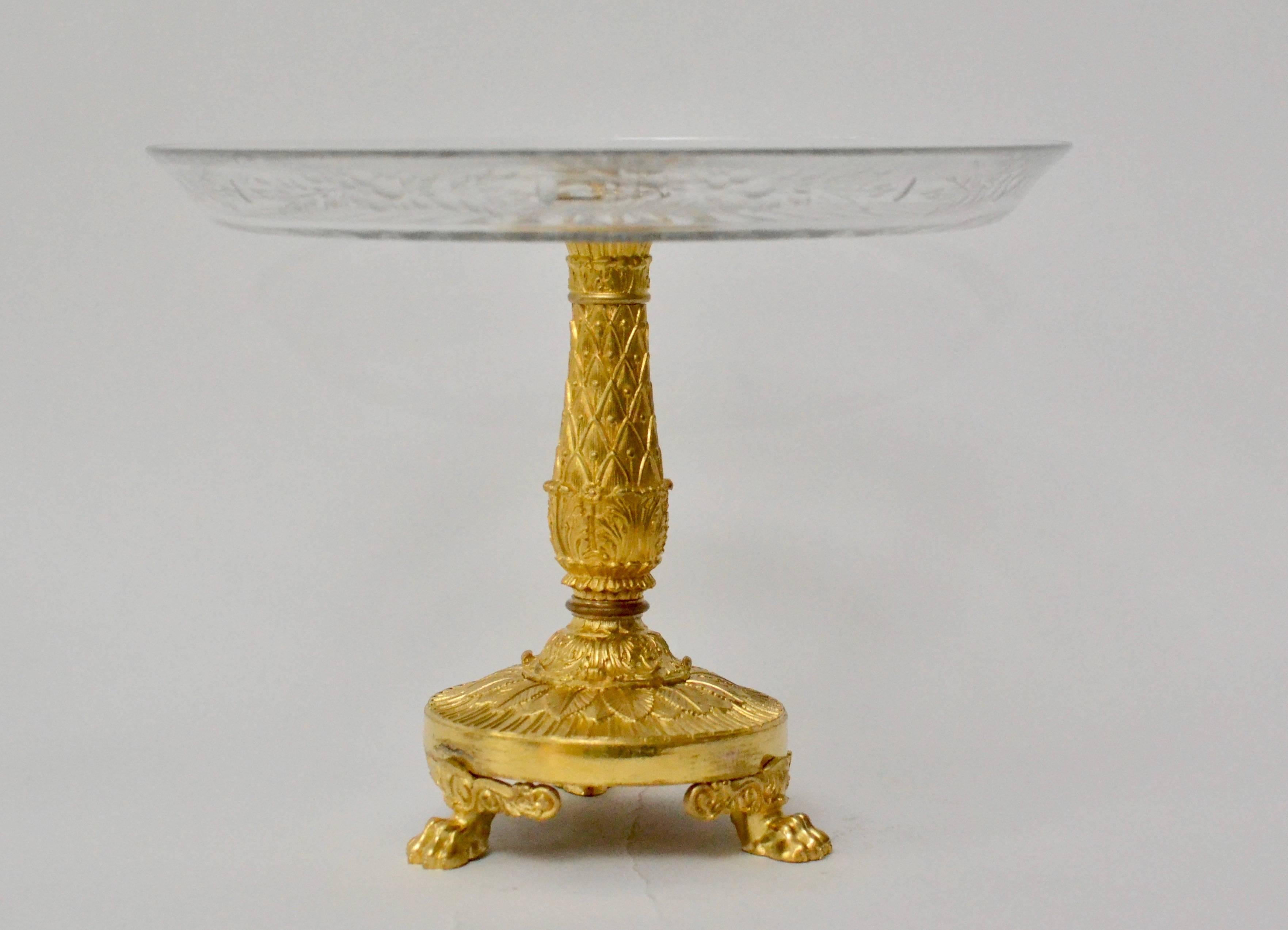 19th Century Pair of Empire Gilt Bronze and Cut Glass Empire Tazzas, Surtout De Table