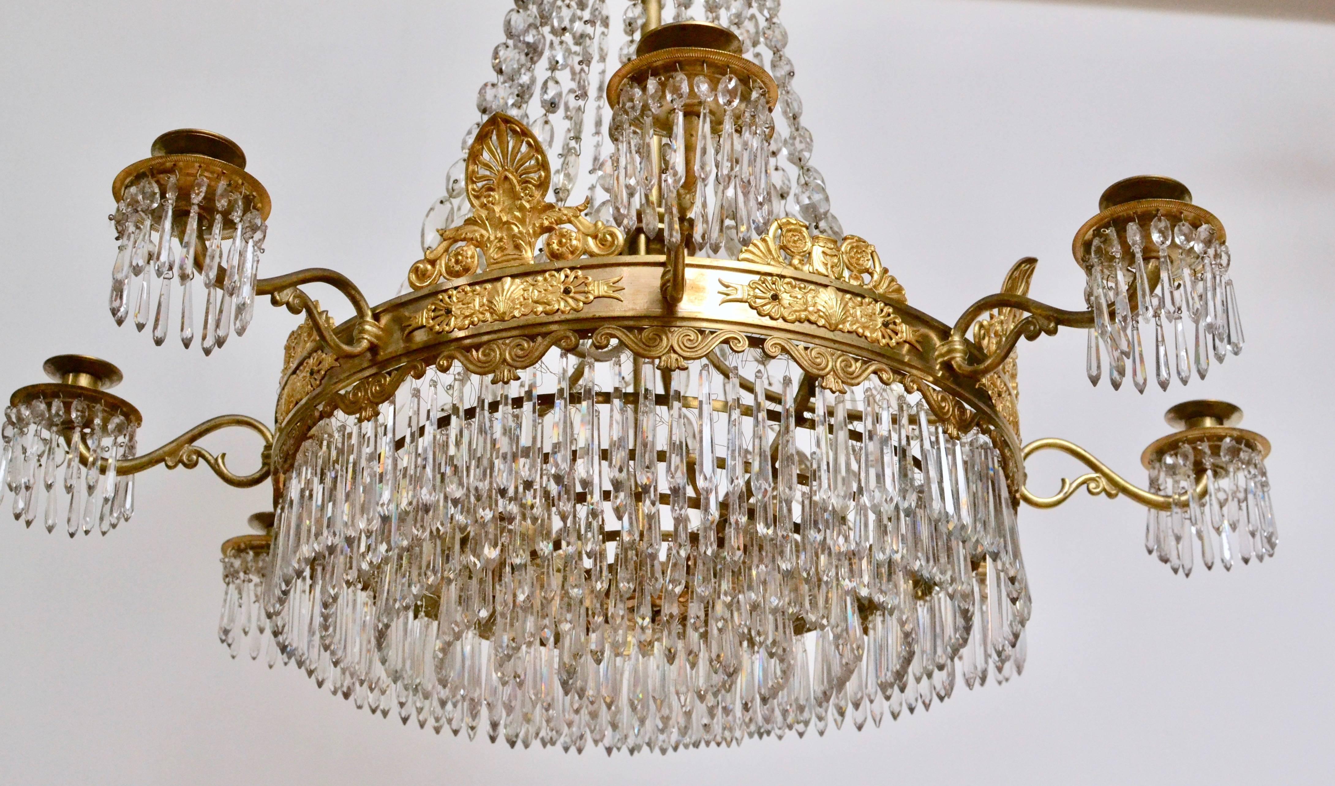 Early 19th Century French Empire Gilt Bronze and Crystal Chandelier, Signed, circa 1825